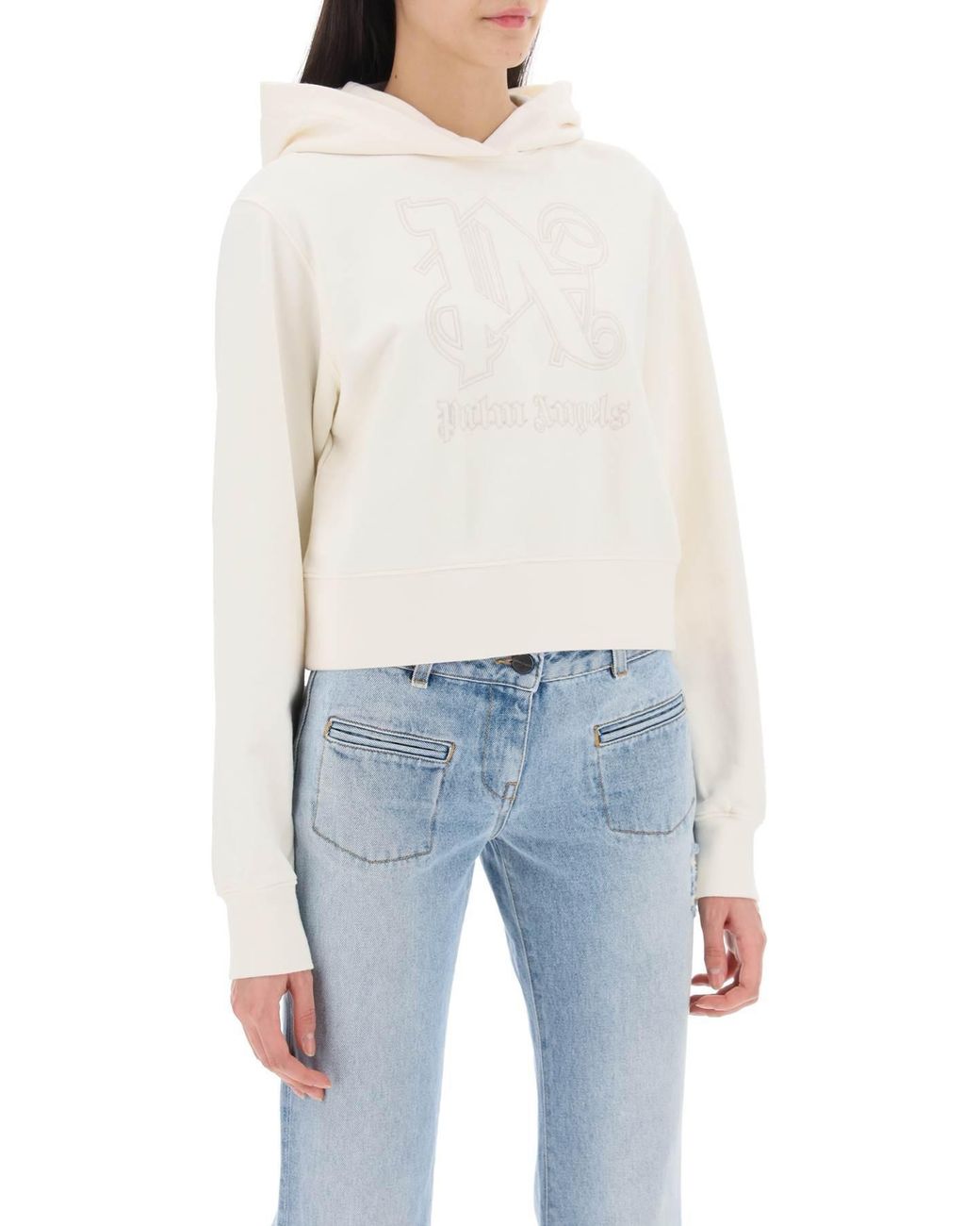 Palm Angels White Monogram Embroidered Cropped Hoodie