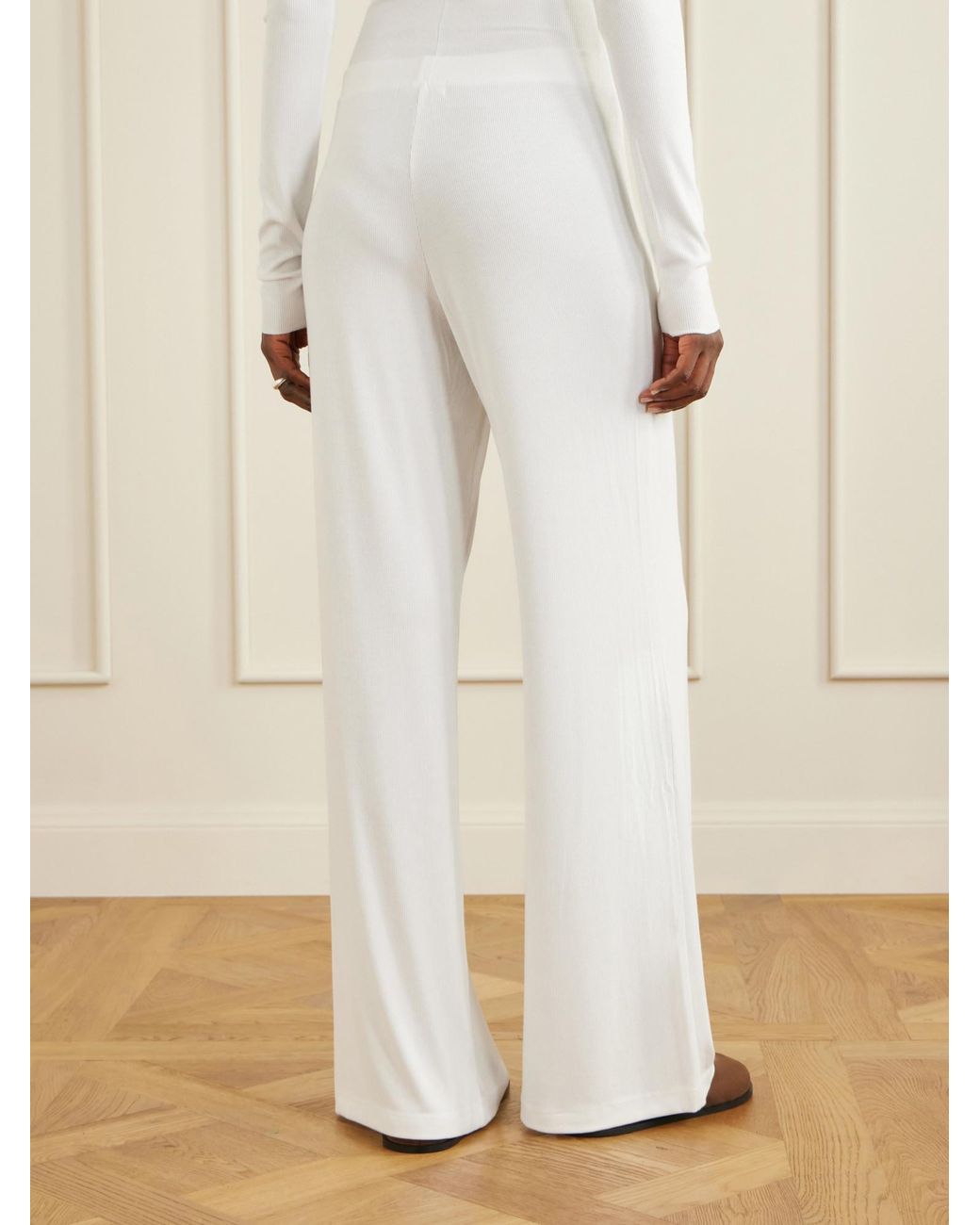 ÉTERNE White Easy Lounge Ribbed-Knit Jersey Wide-Leg Pants