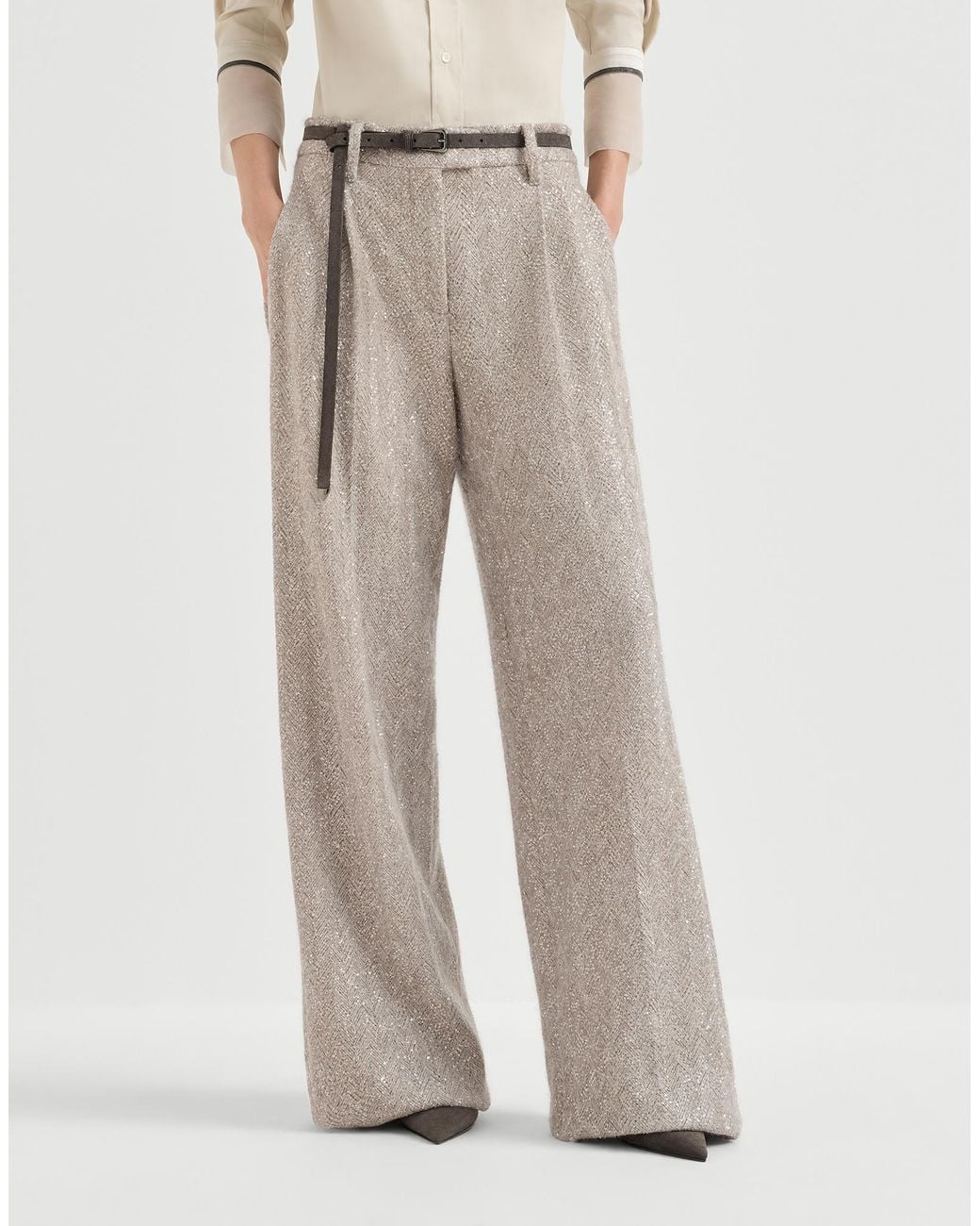 Brunello Cucinelli Gray Dazzling Chevron Embroidery Loose Pleated Trousers