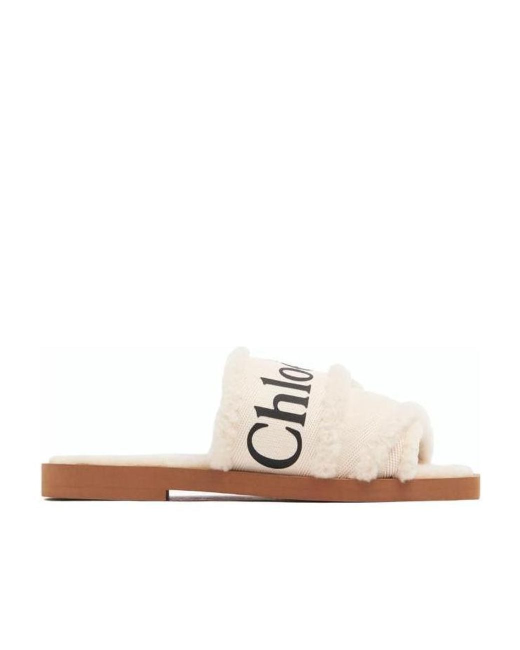 Chloé White Chloé Woody Shearling Flat Sandals