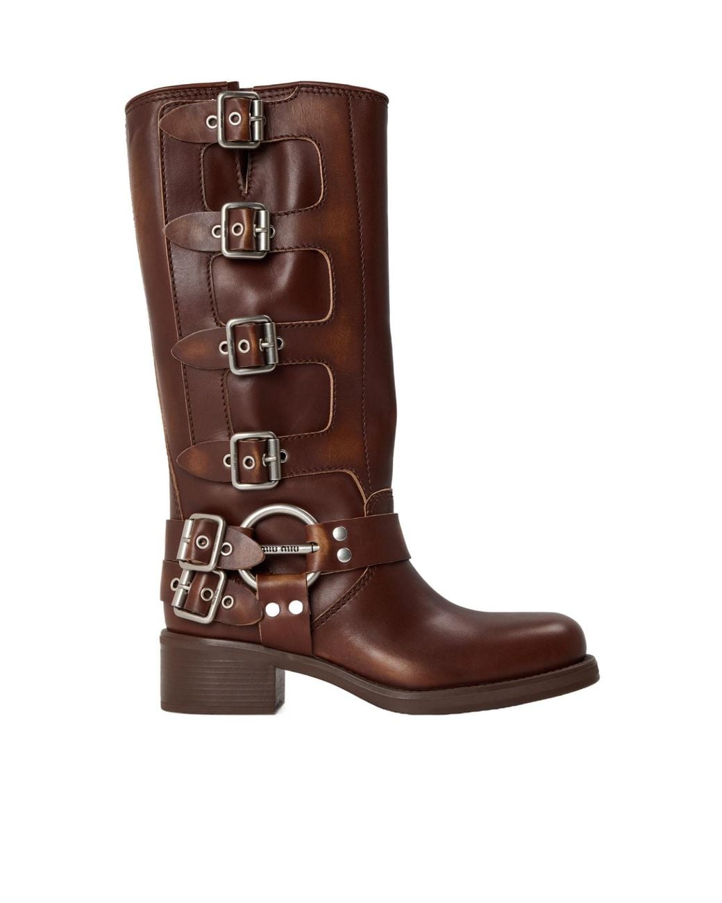 Miu Miu Brown Leather Mid-Calf Biker Boot Decorated