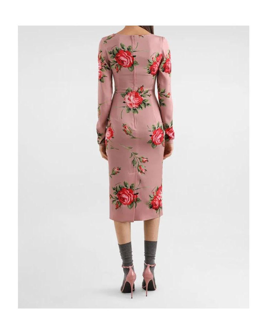 Dolce & Gabbana Pink Long-Sleeved Floral-Print Midi Dress