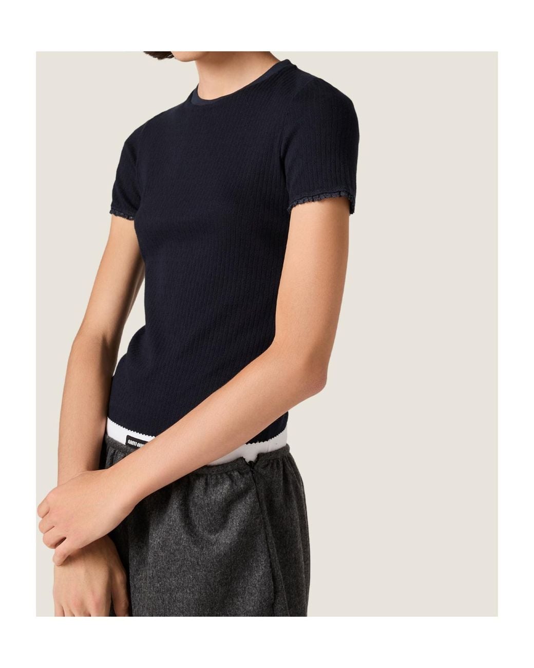 Miu Miu Black Pointelle Cotton T-Shirt