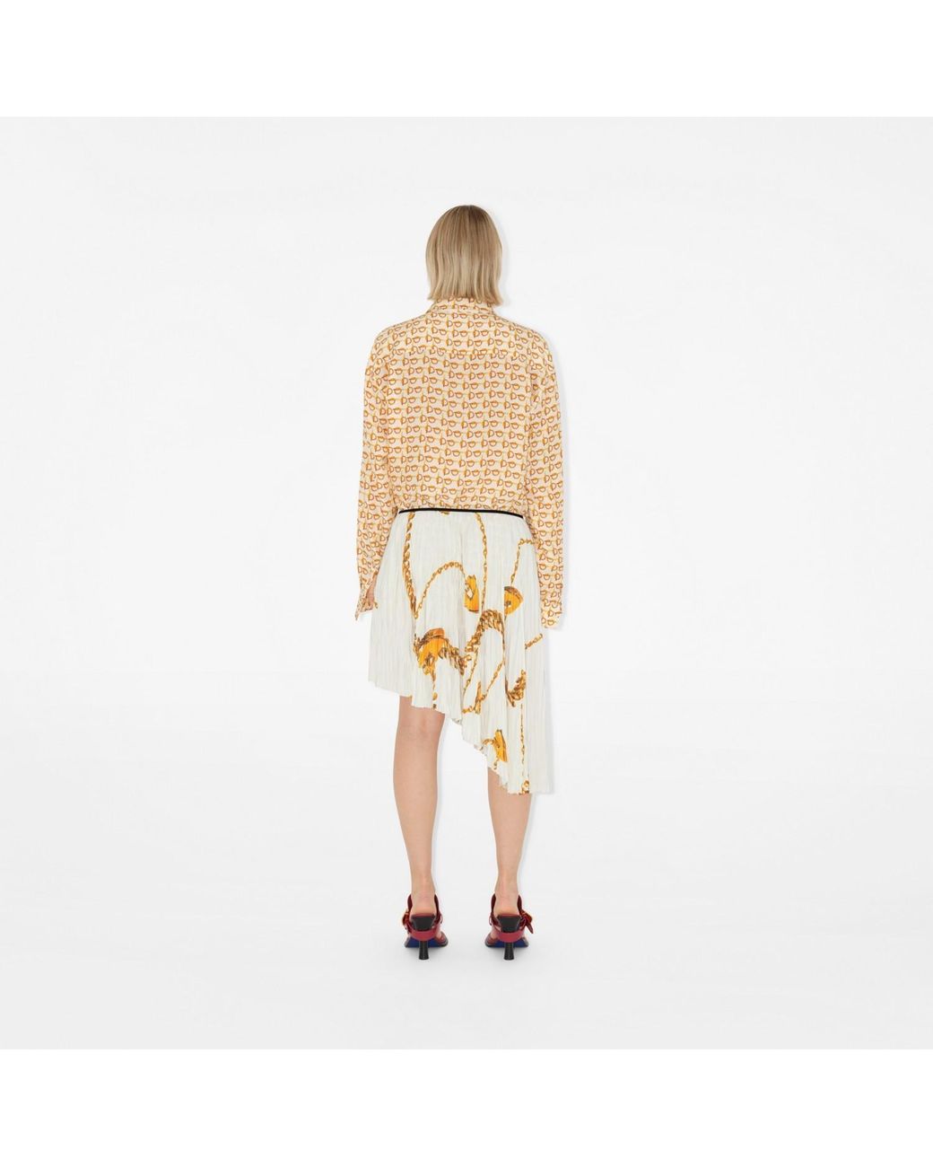 Burberry White Chain-Printed Pleated Asymmetric Skirt