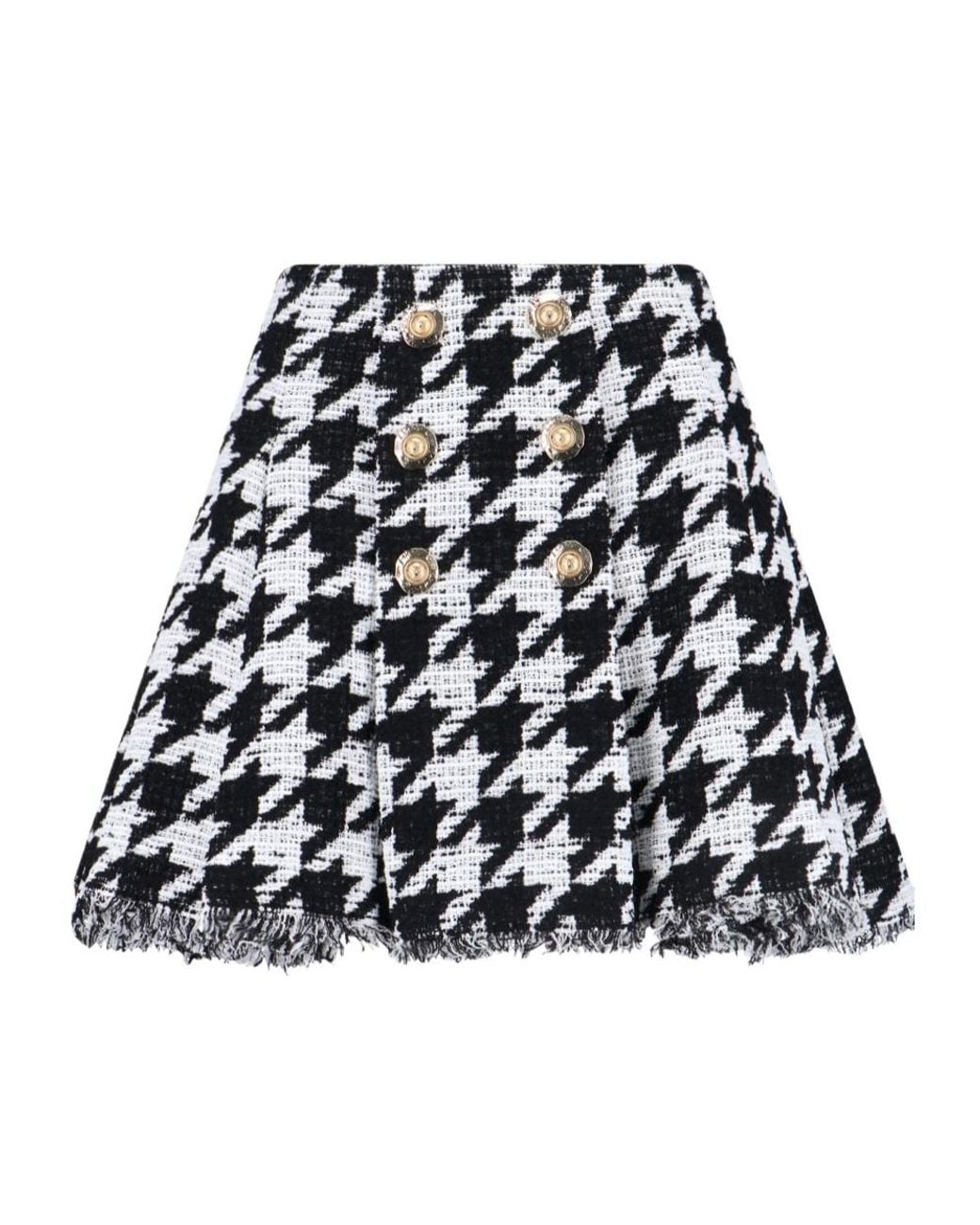 Balmain Black Button Embellished Houndstooth Tweed Mini Skirt
