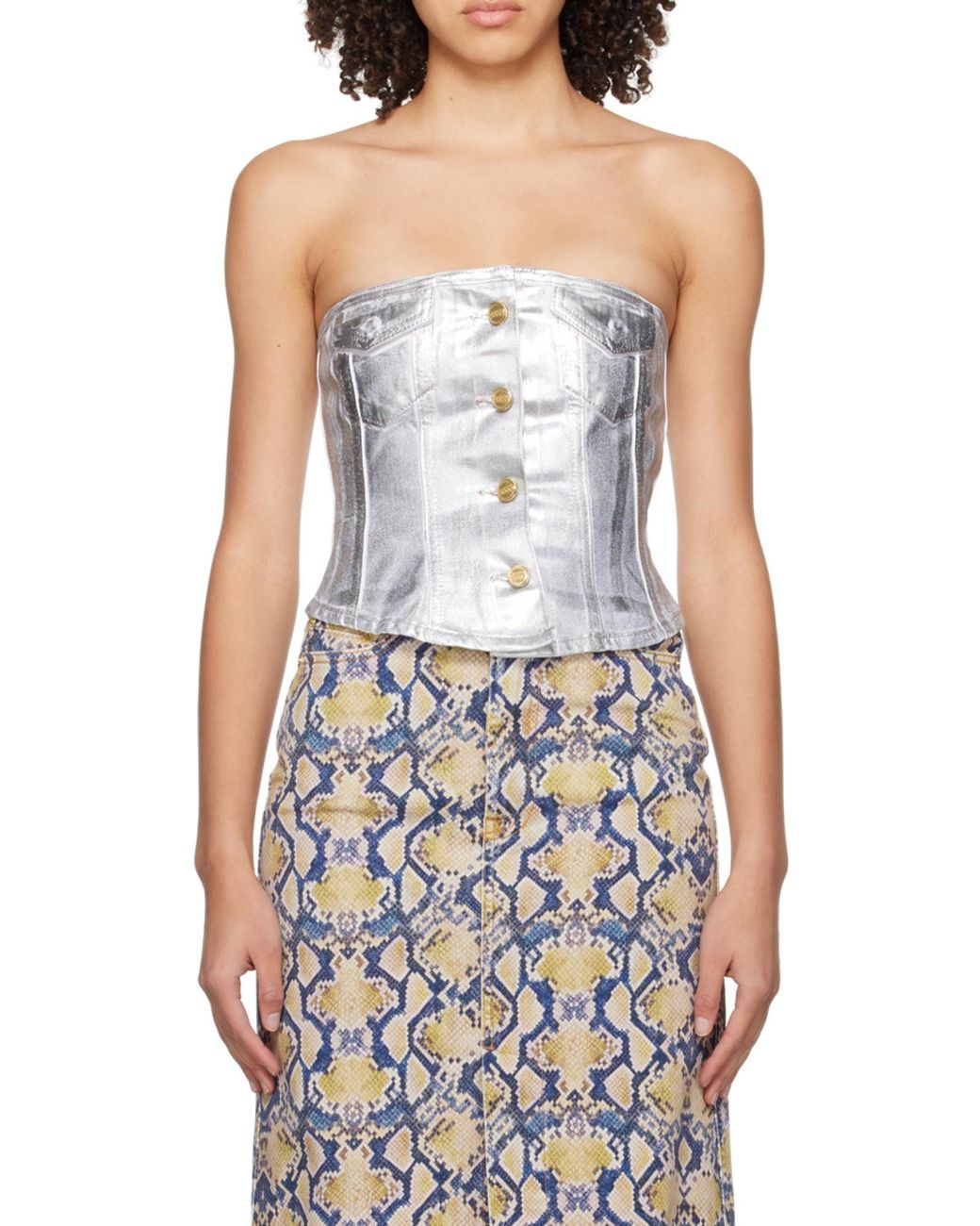 Ganni Gray Off-The-Shoulder Foil Denim Top