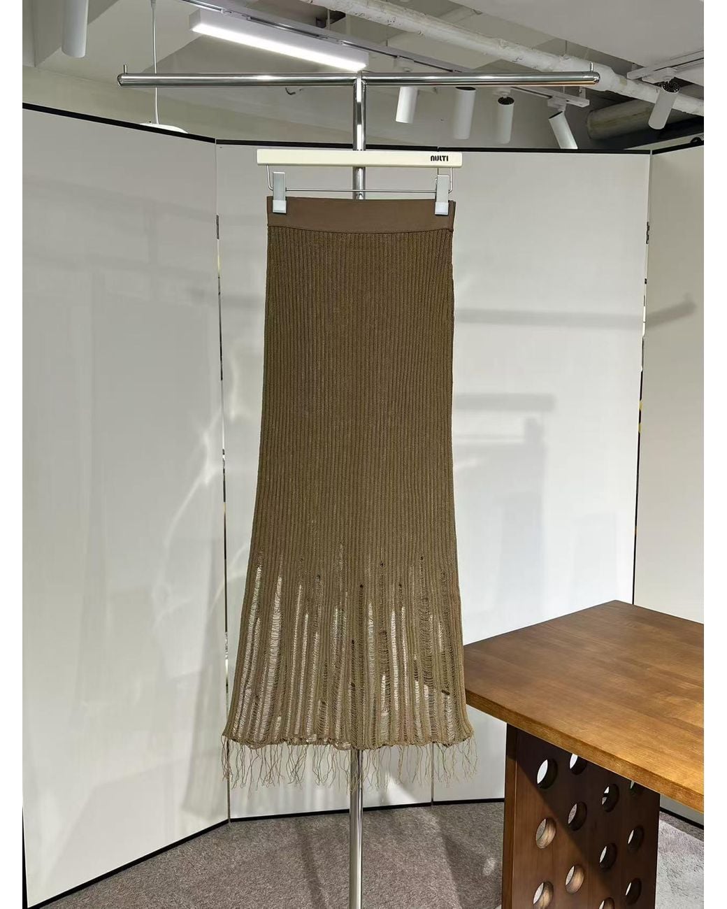Uma Wang Brown Distressed Ribbed Knit Midi Skirt
