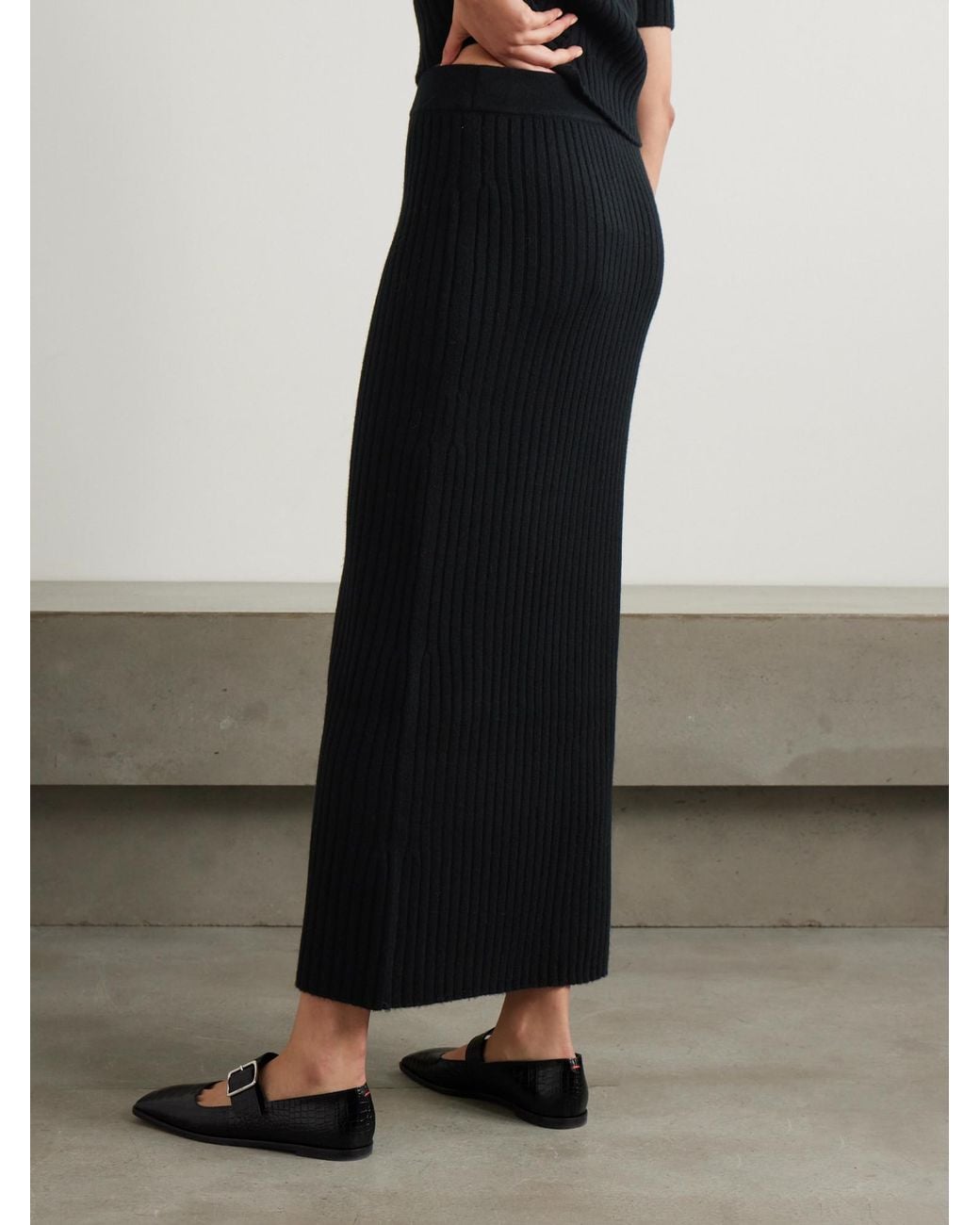 arch4 Black Lisa Ribbed Cashmere Maxi Skirt