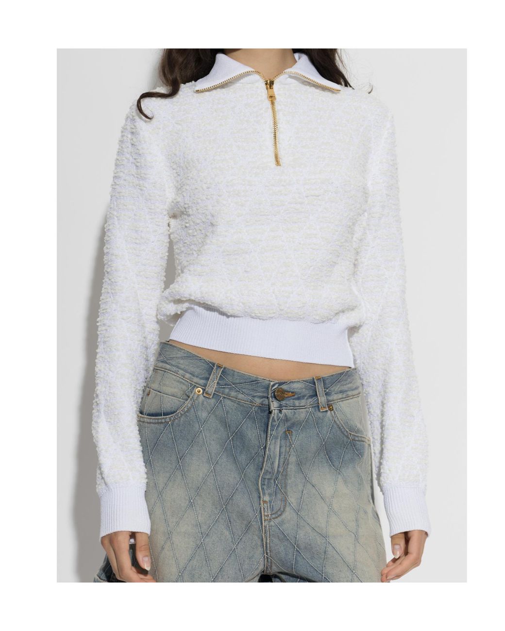Balmain White Half-Zip Textured-Knit Sweater