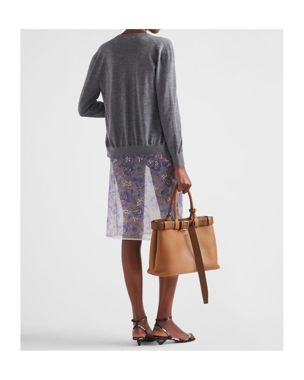 Prada Blue Nylonette Floral Print Midi Skirt