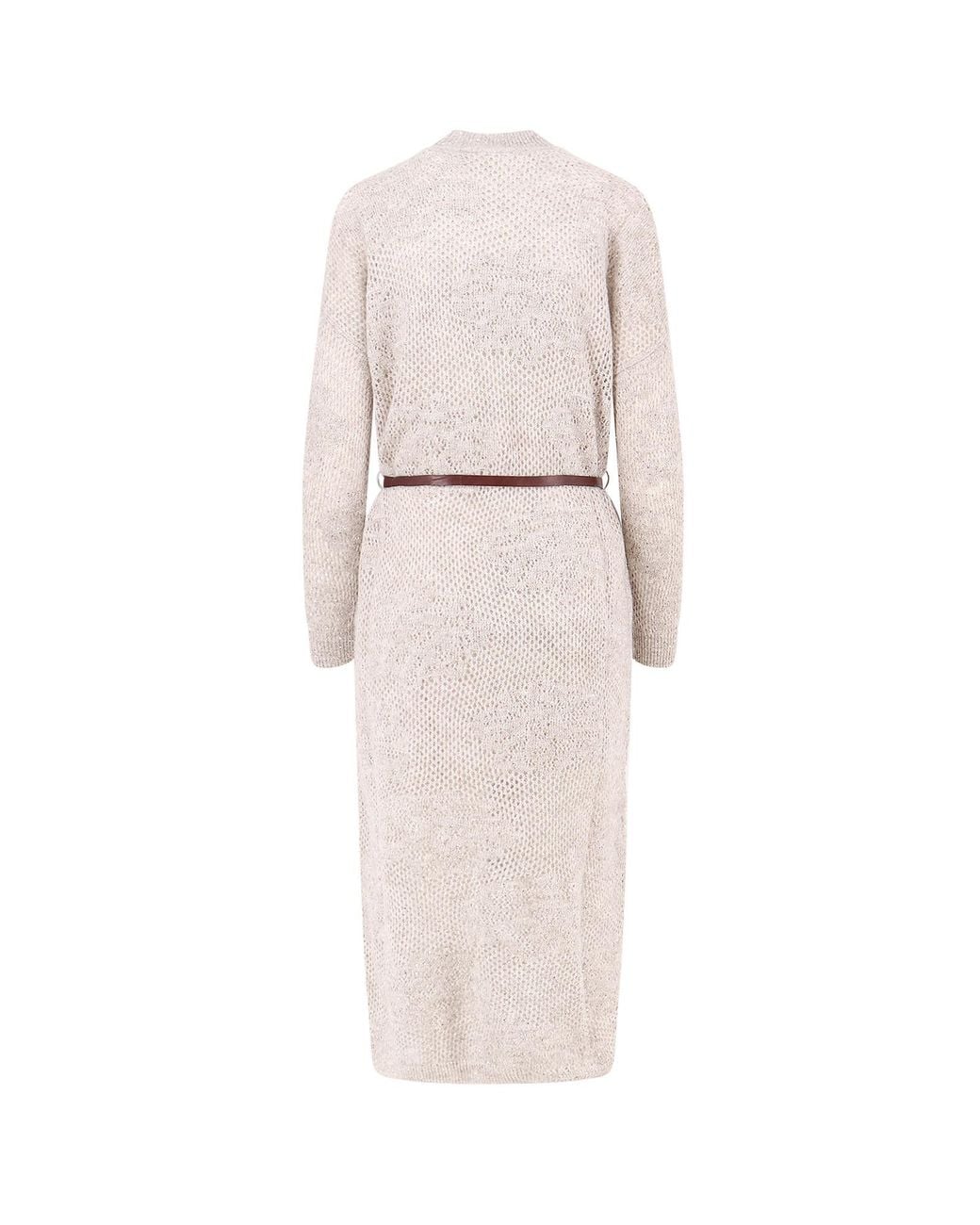 Brunello Cucinelli White Belted Ribbed Knitted Dress