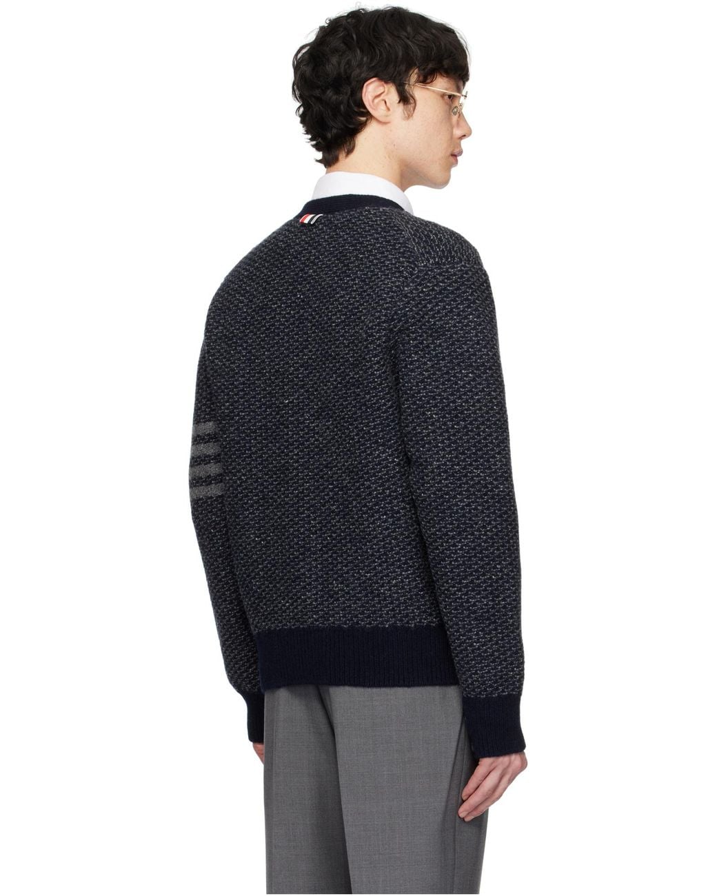 Thom Browne Blue Bar Textured-Knit Cardigan for men