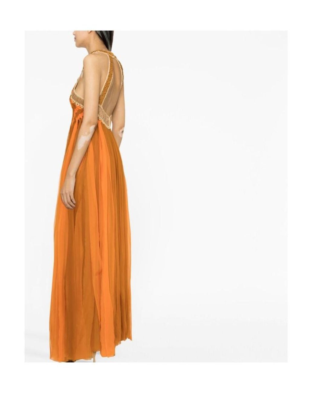 Alberta Ferretti Orange Embellished V-Neck Long Dress