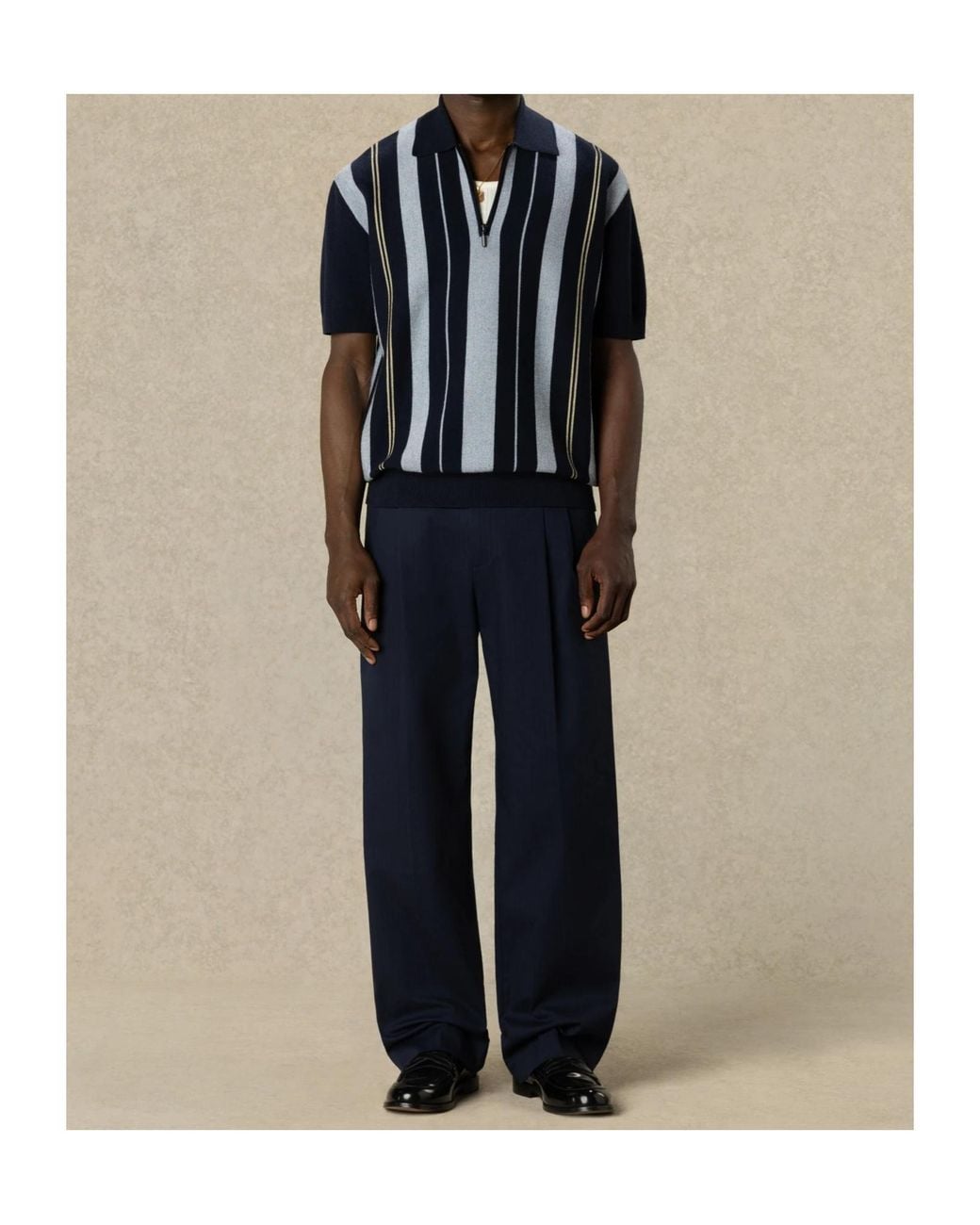 Drole de Monsieur Blue Striped Zip-Up Polo Shirt for men