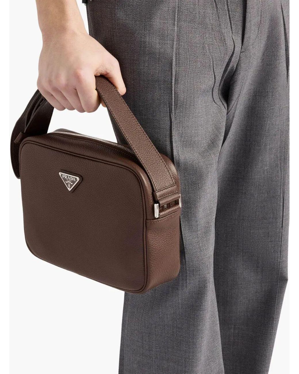 Prada Brown Logo Plaque Zipped Crossbody Bag for men