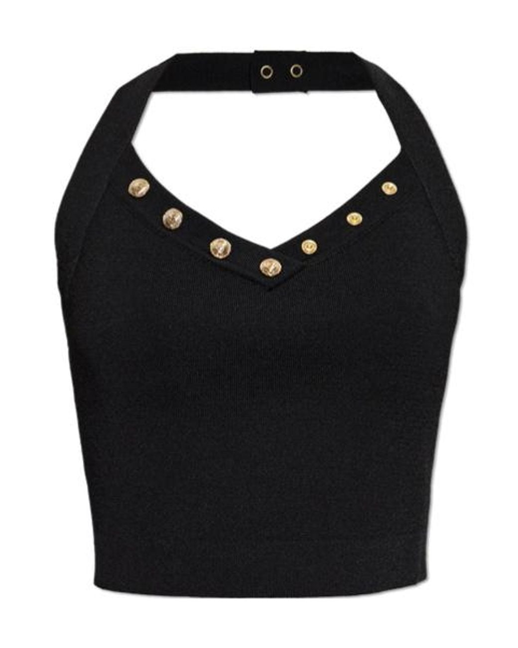 Balmain Black Button-Trim Halterneck Crop Top