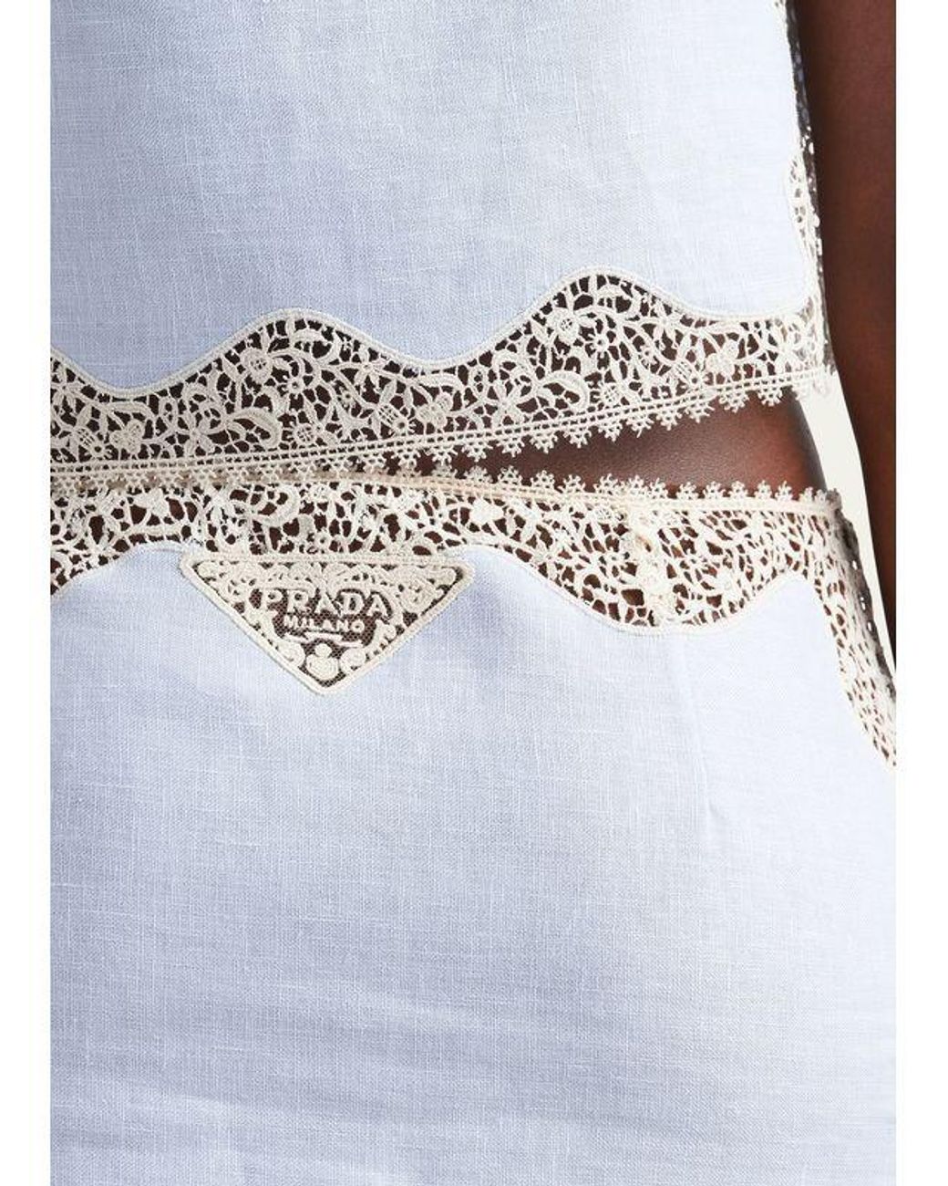 Prada Blue Embroidered, Lace-Trimmed Linen Miniskirt