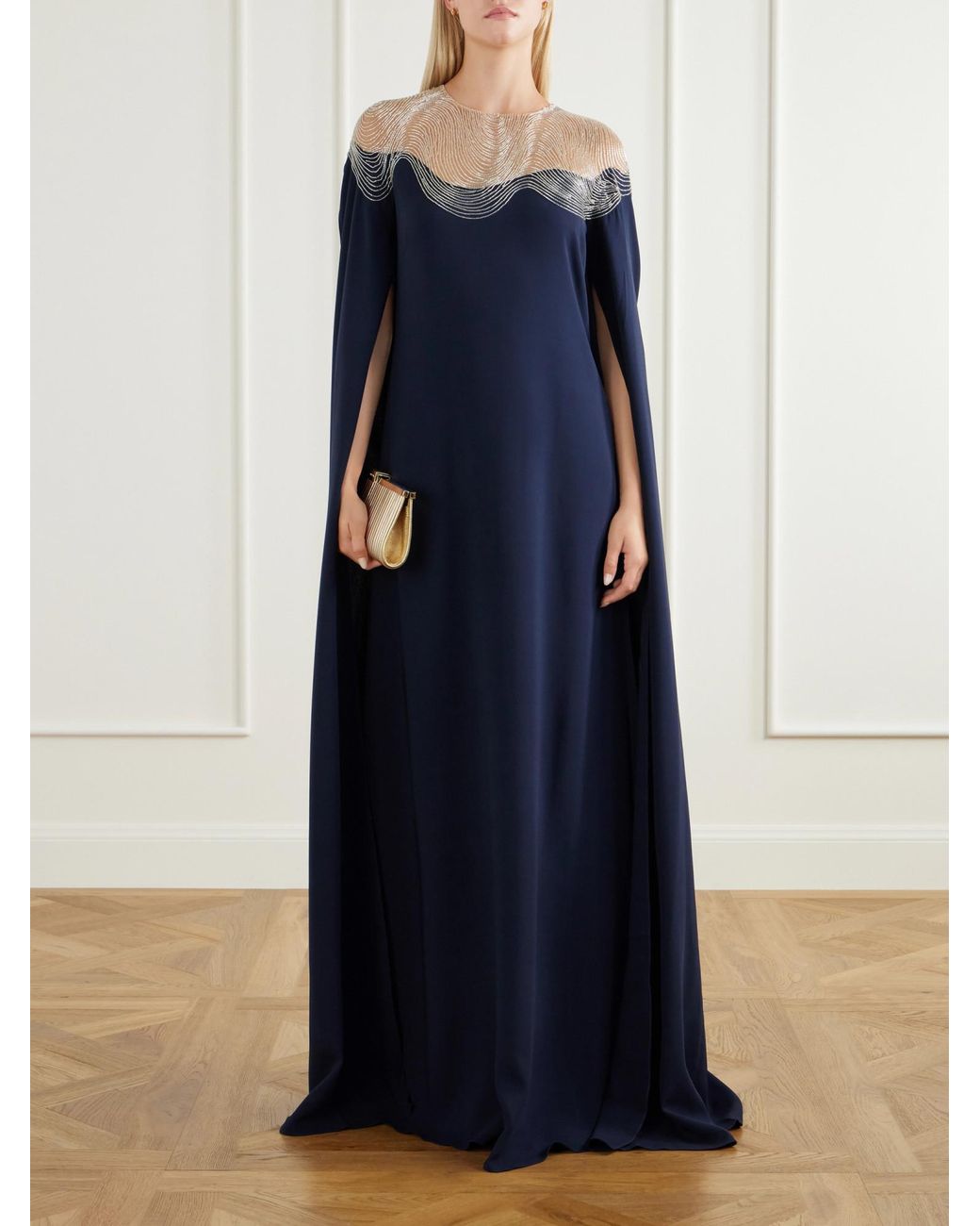 Oscar de la Renta Blue Embellished Stretch-Silk Georgette Gown