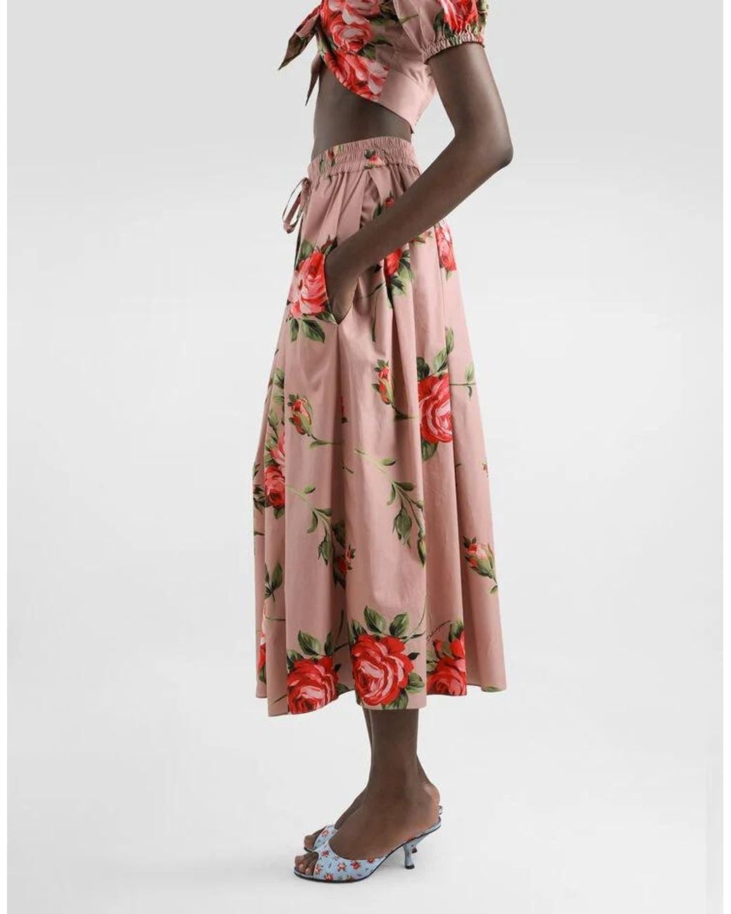 Dolce & Gabbana Red Pleated Floral Midi Skirt