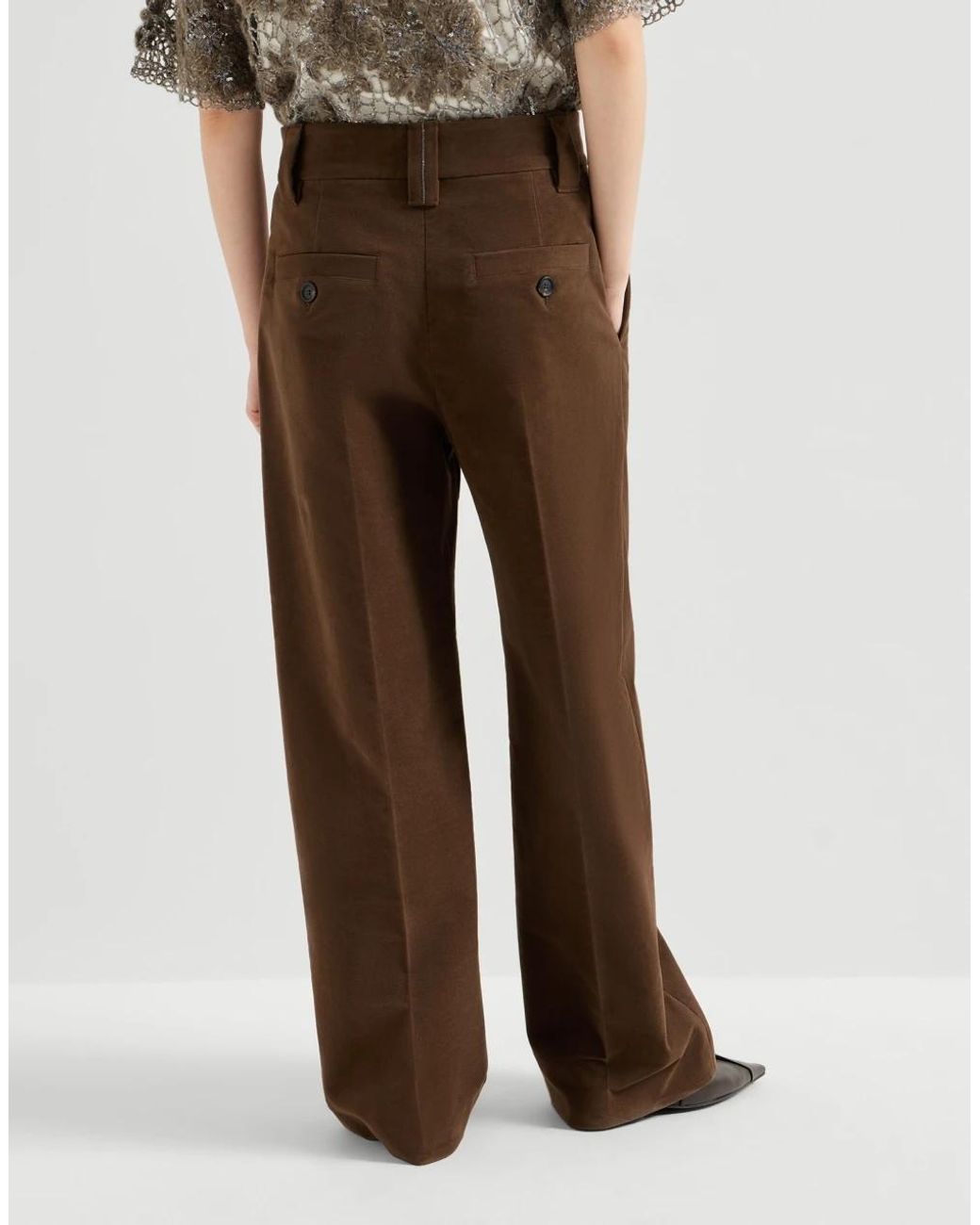 Brunello Cucinelli Brown Stretch Cotton Moleskin Loose Sartorial Trousers With Monili