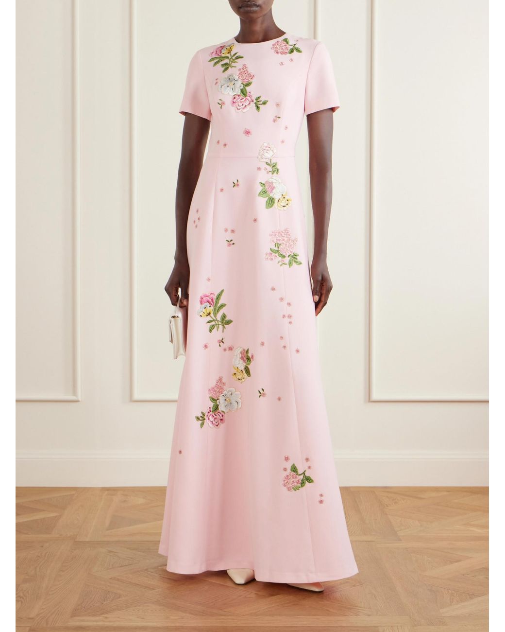 Carolina Herrera Pink Floral-Embroidered Crepe Gown