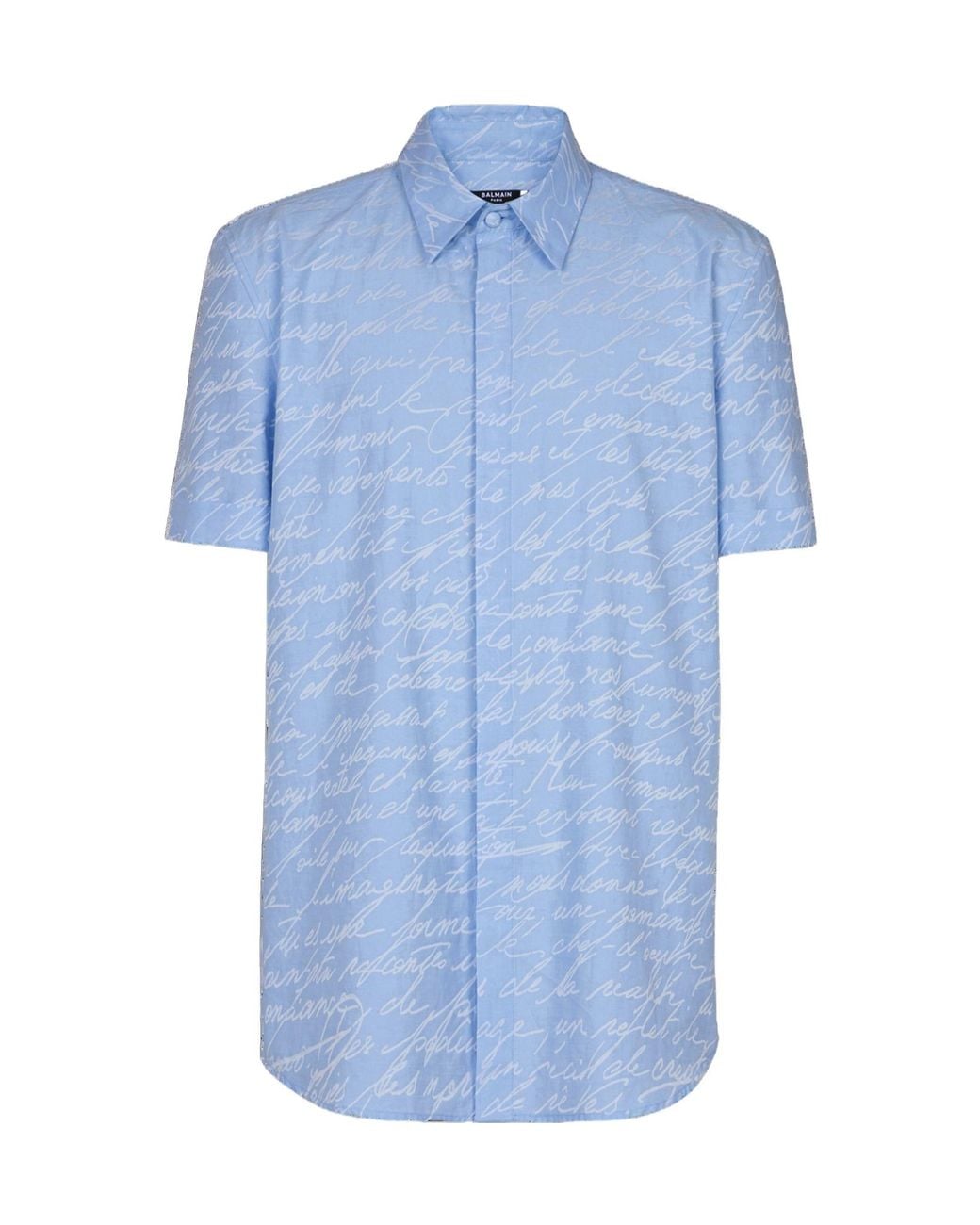 Balmain Blue Love Letter Printed Short-Sleeved Jacquard Shirt for men
