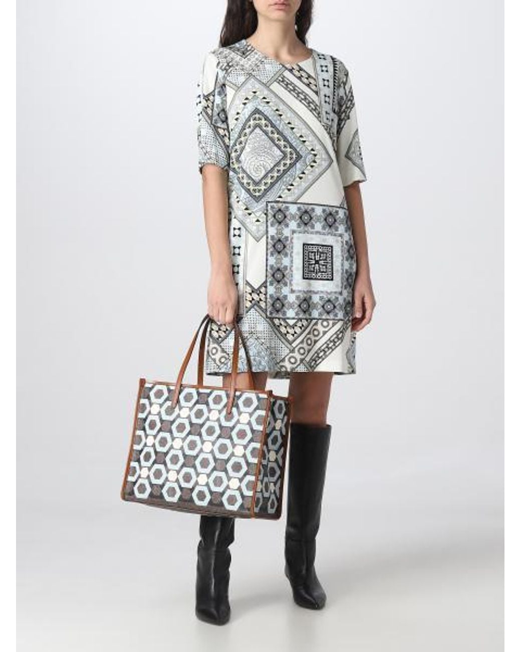 Etro Blue Short-Sleeved Patchwork Printed Shift Dress