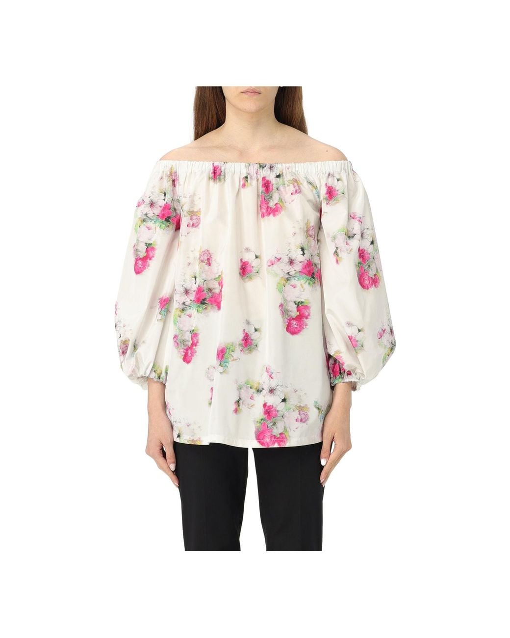 Max Mara White Studio Floral Patterned Off-Shoulder Top