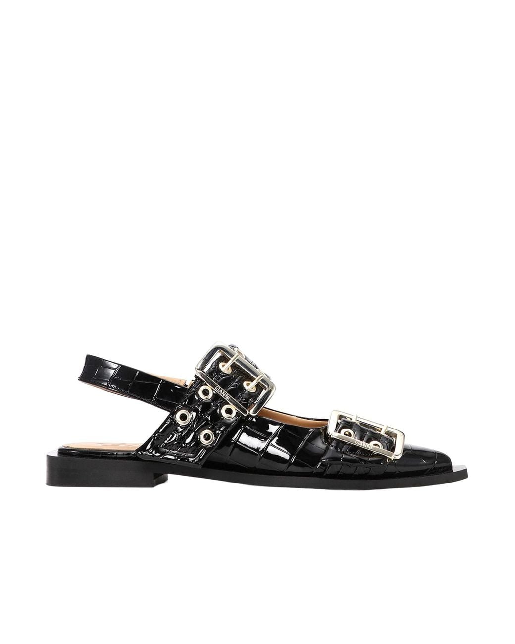 Ganni Black Embossed Patent Feminine Buckle Ballerinas