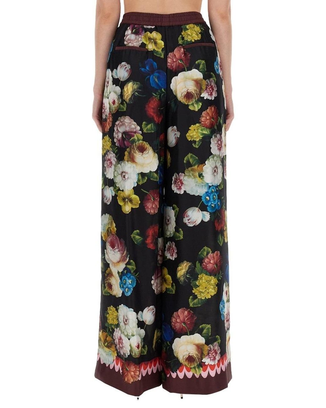 Dolce & Gabbana Black Floral-print Wide-leg Silk-satin Trousers