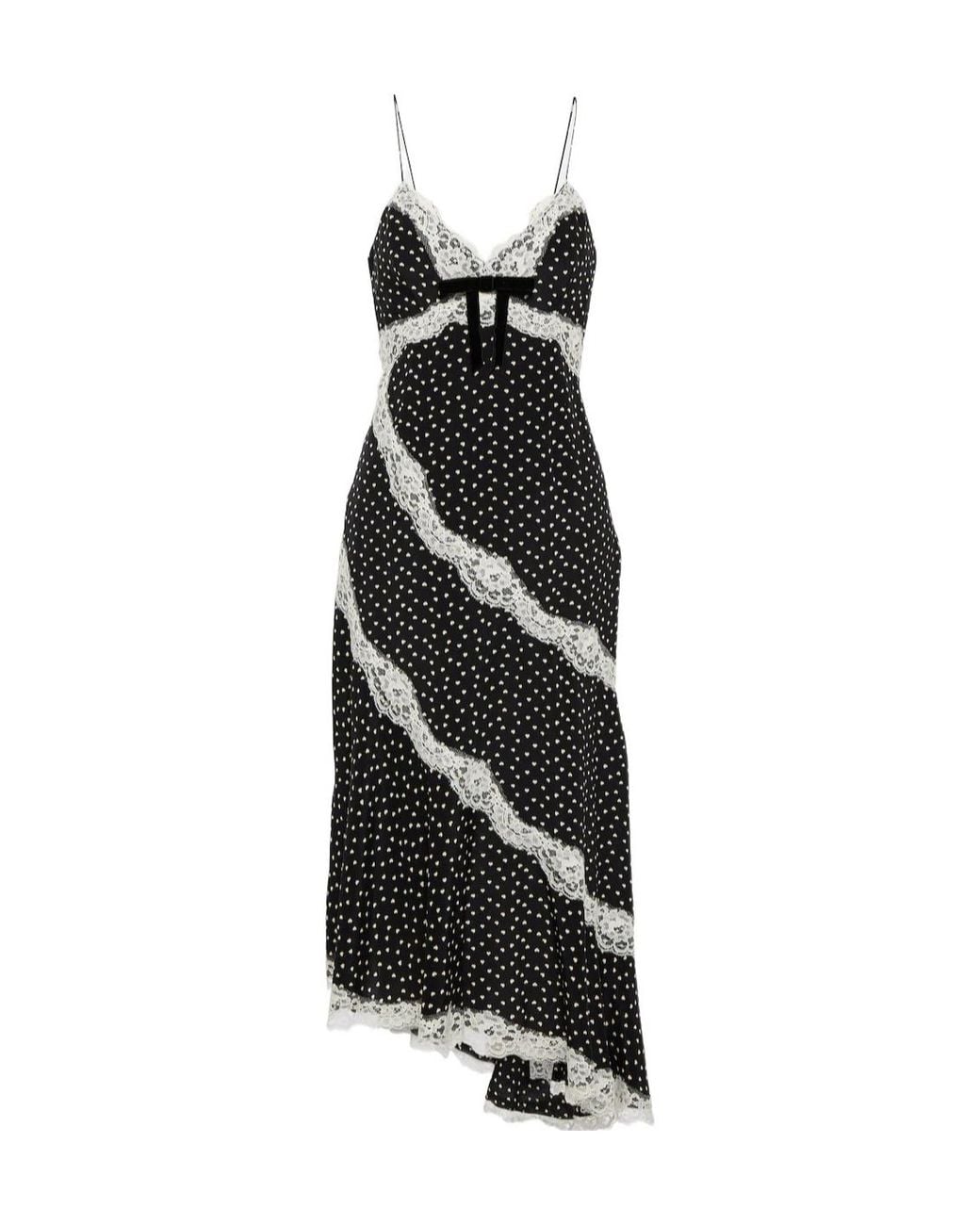 Alessandra Rich Black Lace-Trimmed Polka-Dot Silk Midi Dress