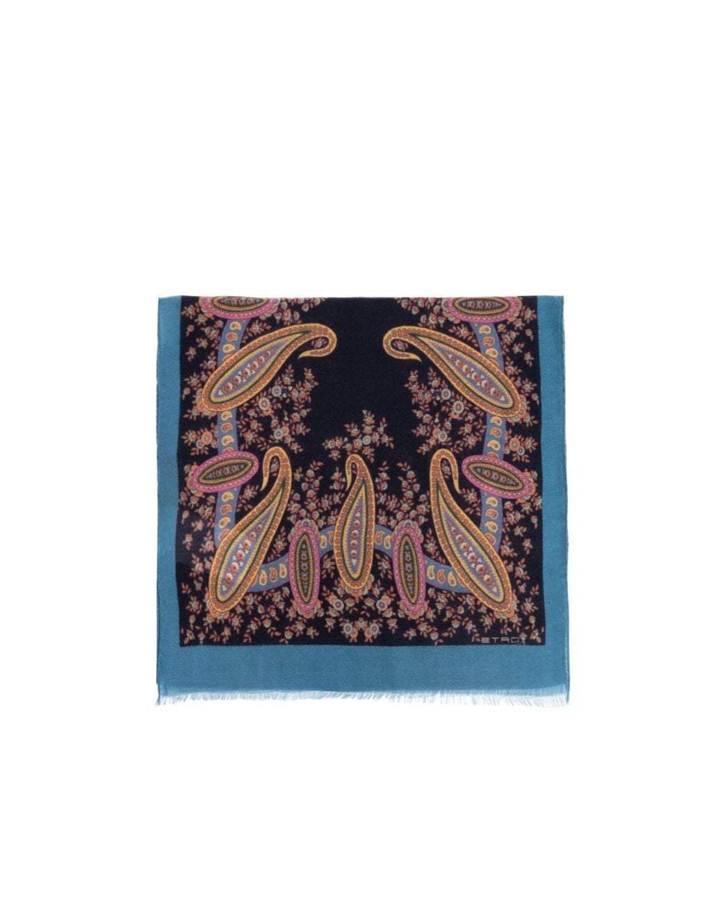 Etro Blue Paisley Printed Raw Edge Scarf