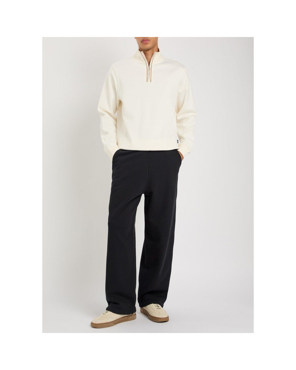 Boss White Pure Cotton Semi-Zipper Knitted Sweater for men