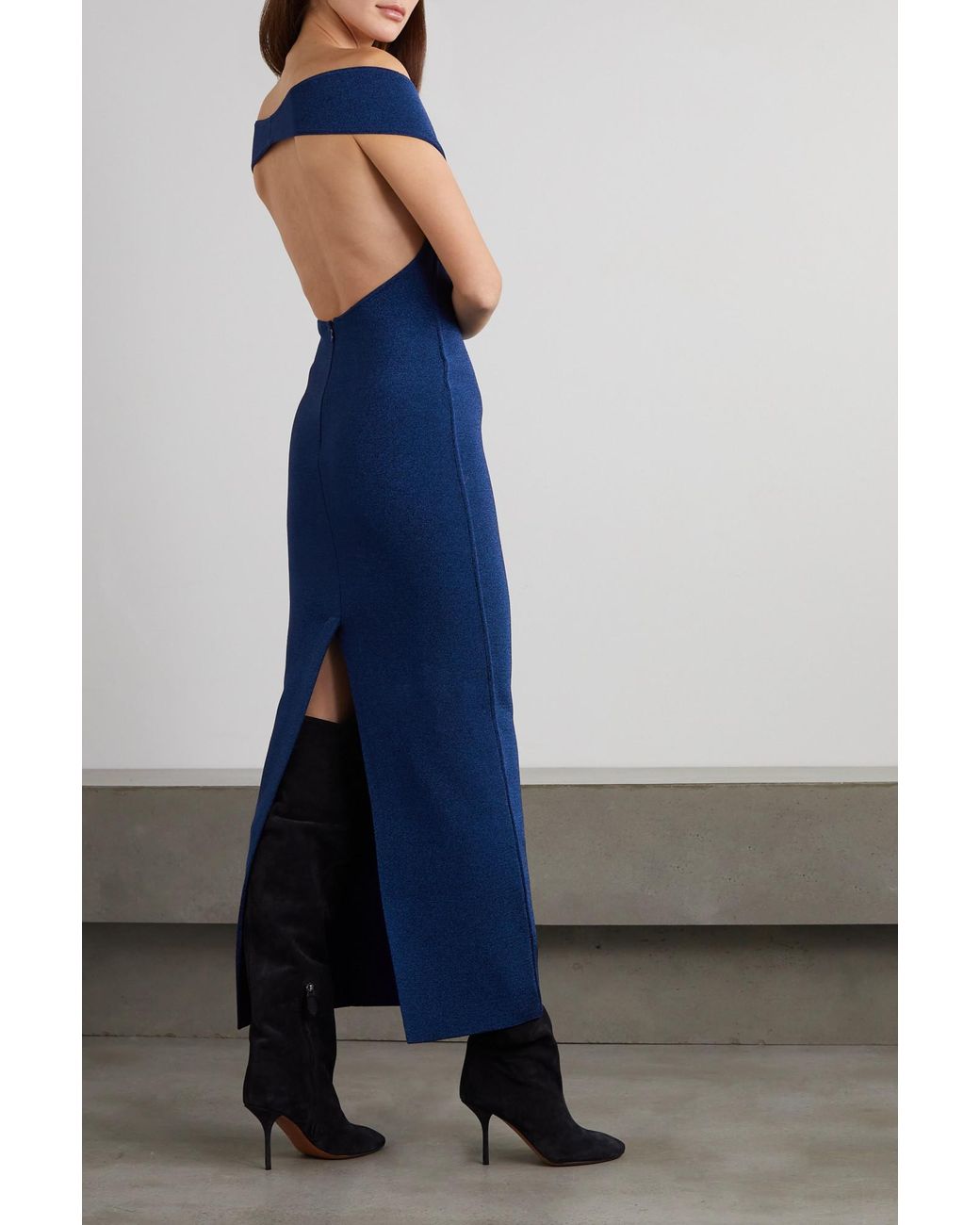 Alaïa Blue Alaïa Off-Shoulder Open Back Maxi Dress