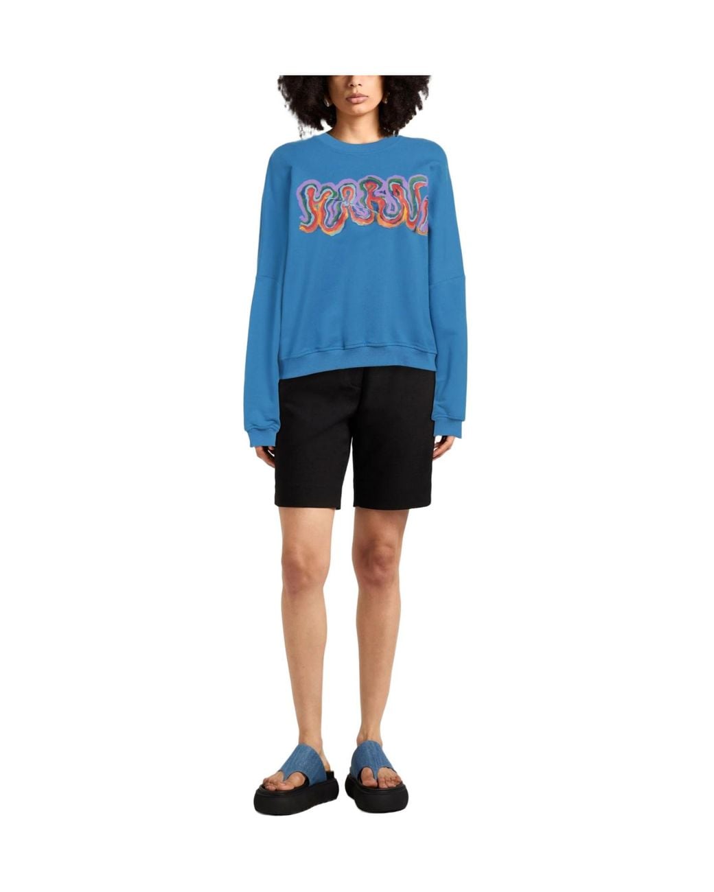 Marni Blue Solidcolor Printed Longsleeve Crew Neck Top