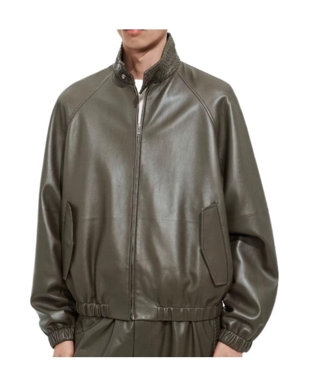 Bottega Veneta Brown Intrecciato Collar Leather Jacket for men