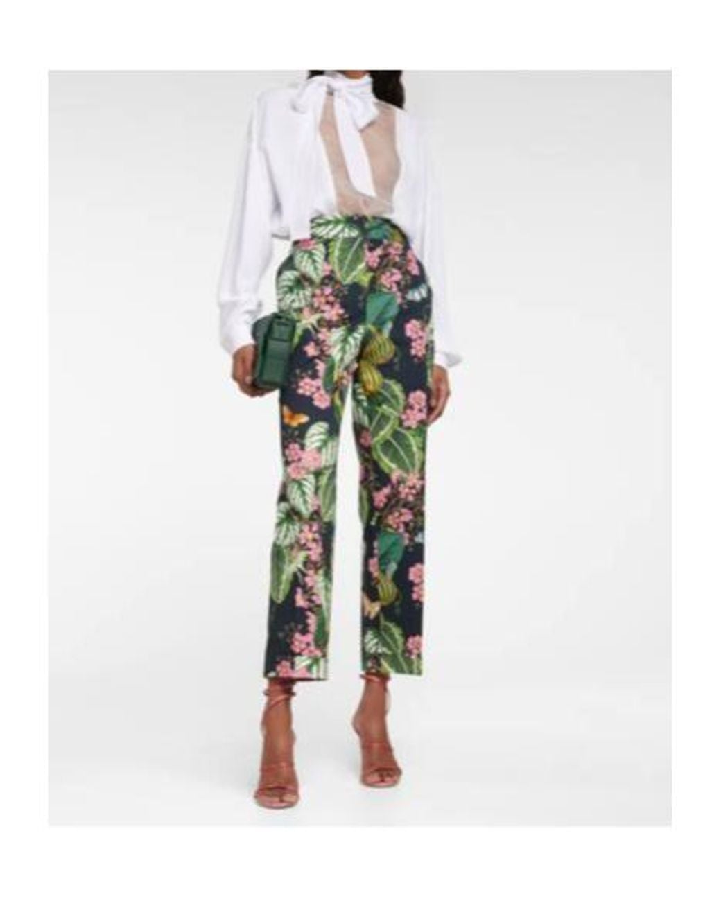 Oscar de la Renta Green Printed Straight Cropped Poplin Pants