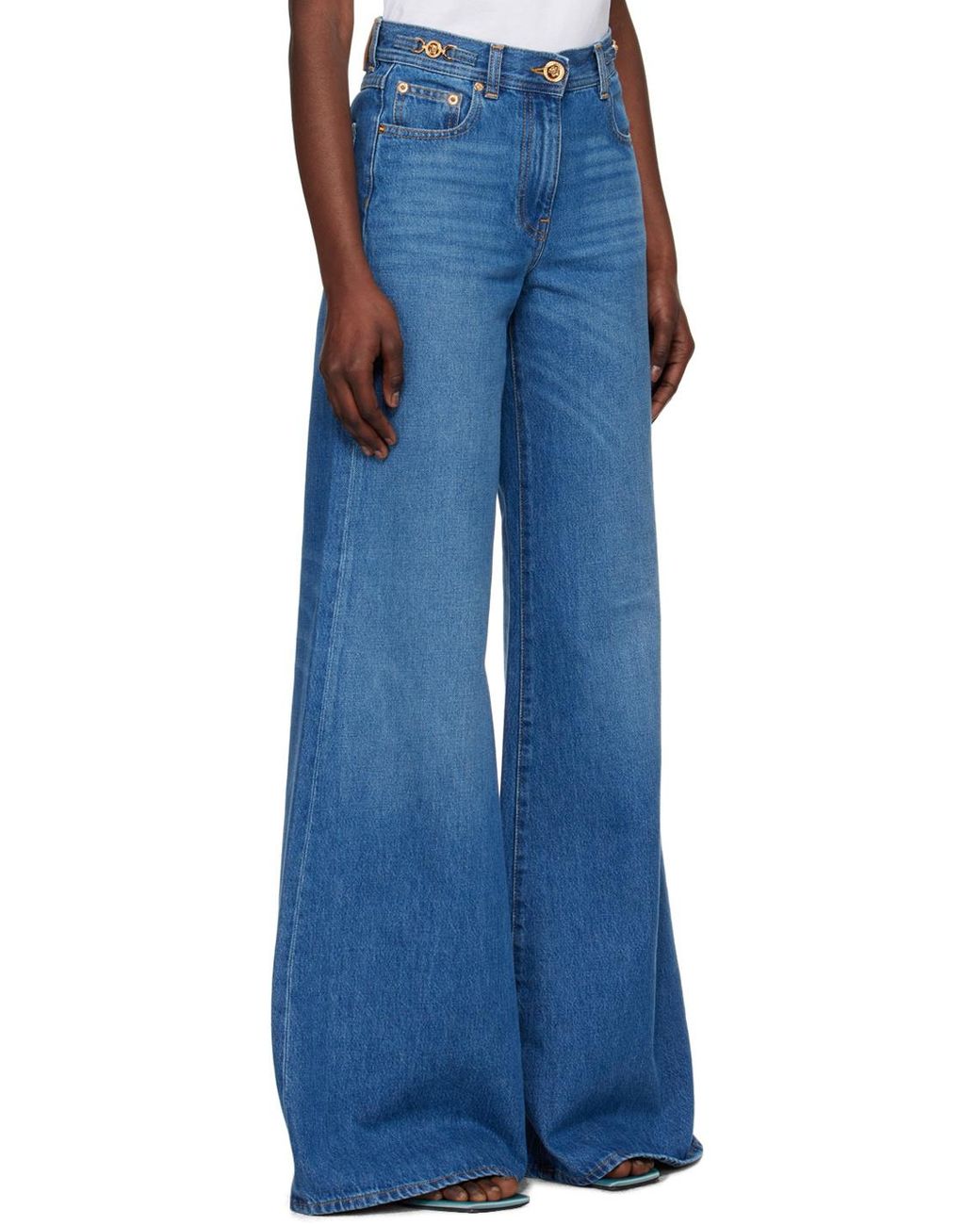 Versace Blue Medusa 95 Logo-Engraved Mid-Rise Flared Jeans