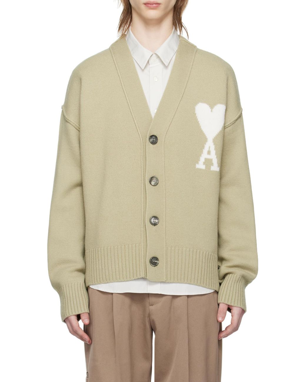 AMI Green Ami De Coeur Logo Intarsia Knitted Cardigan for men
