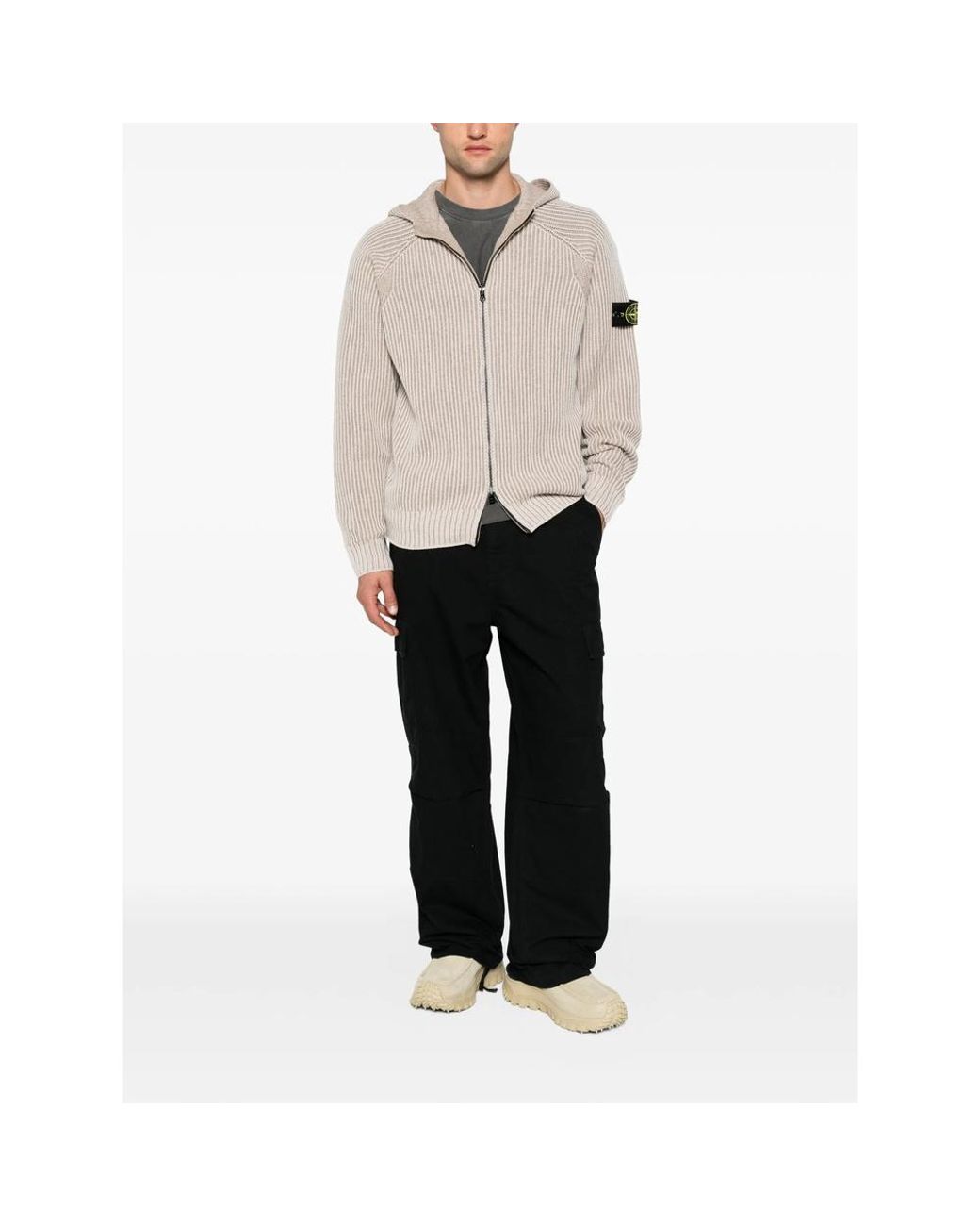 Stone Island Gray Logo Patch Hooded Cardigan for men