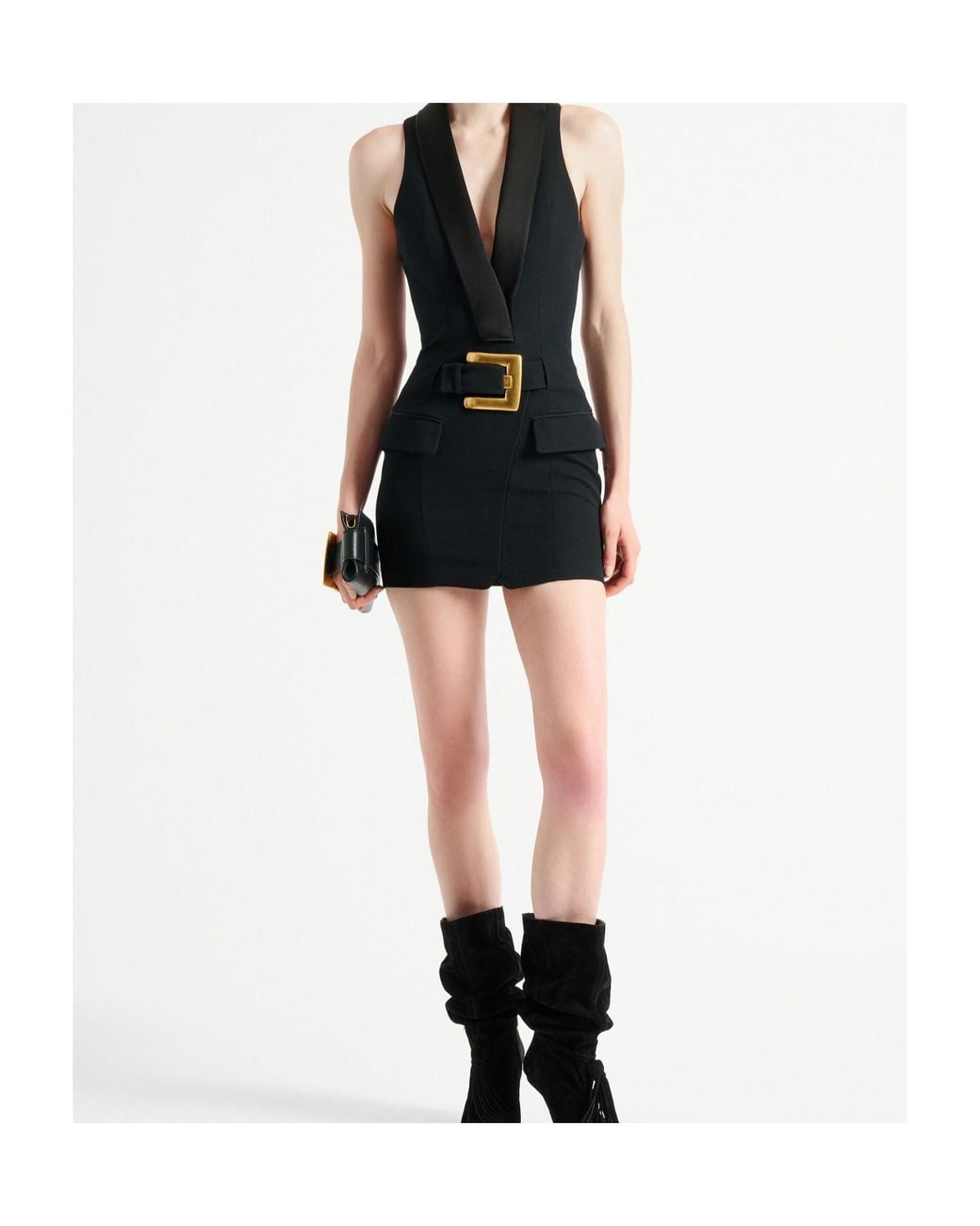 Balmain Black Grain De Poudre Belted Mini Dress