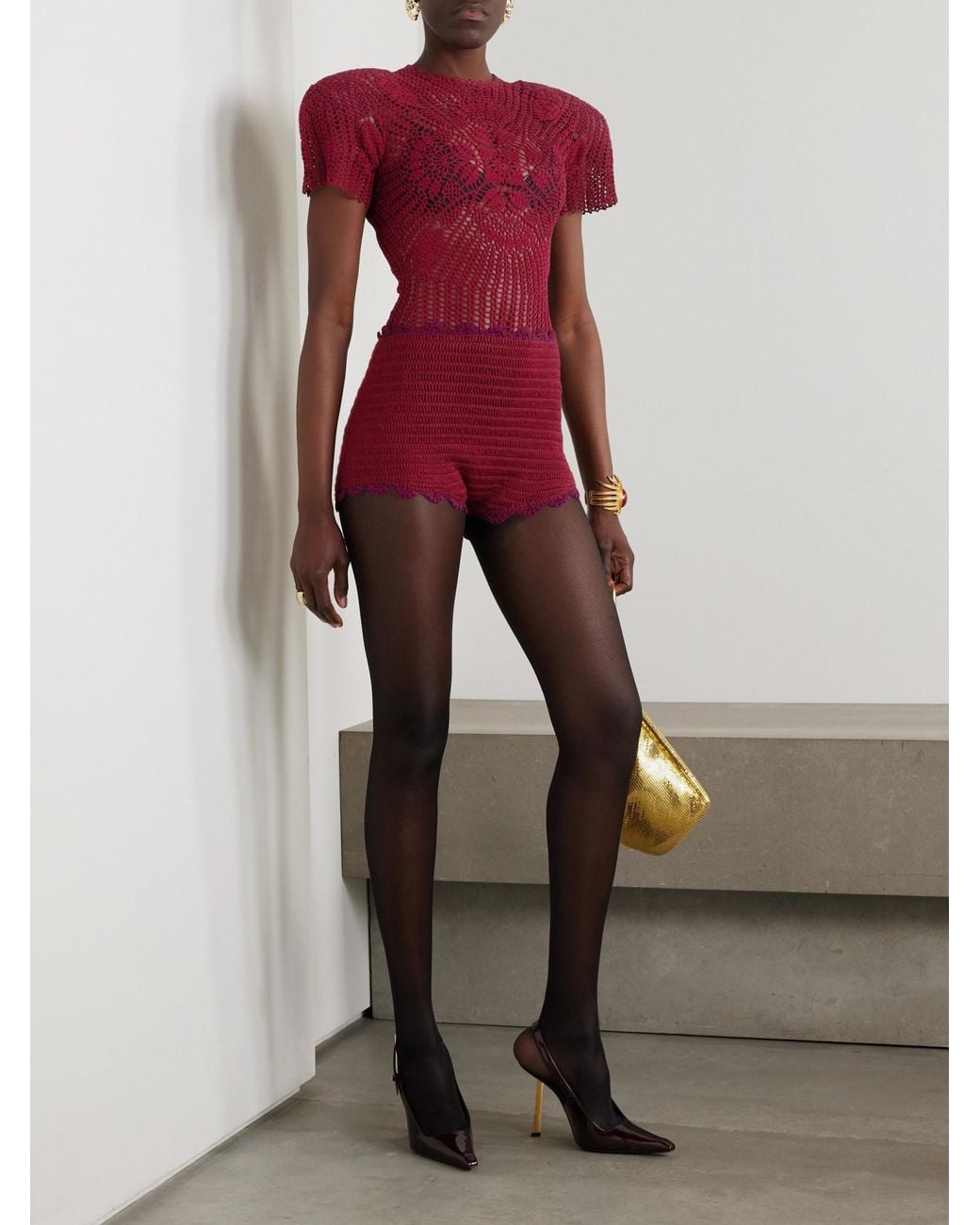 Magda Butrym Red Scalloped Crocheted Cotton Shorts