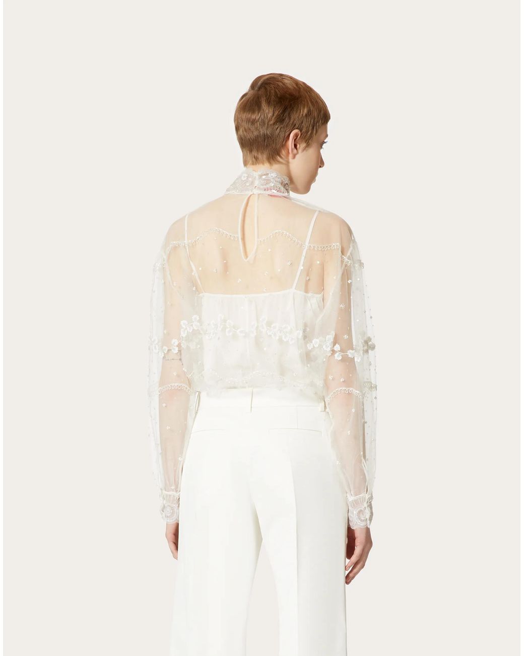 Valentino White Tulle Illusione Embroidered Top