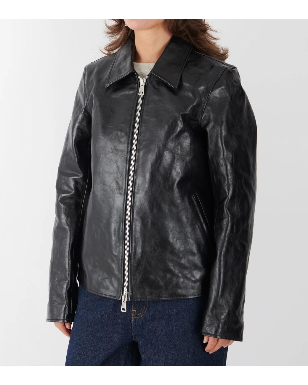 Our Legacy Black Cropped Leather Jacket With Classic Collar