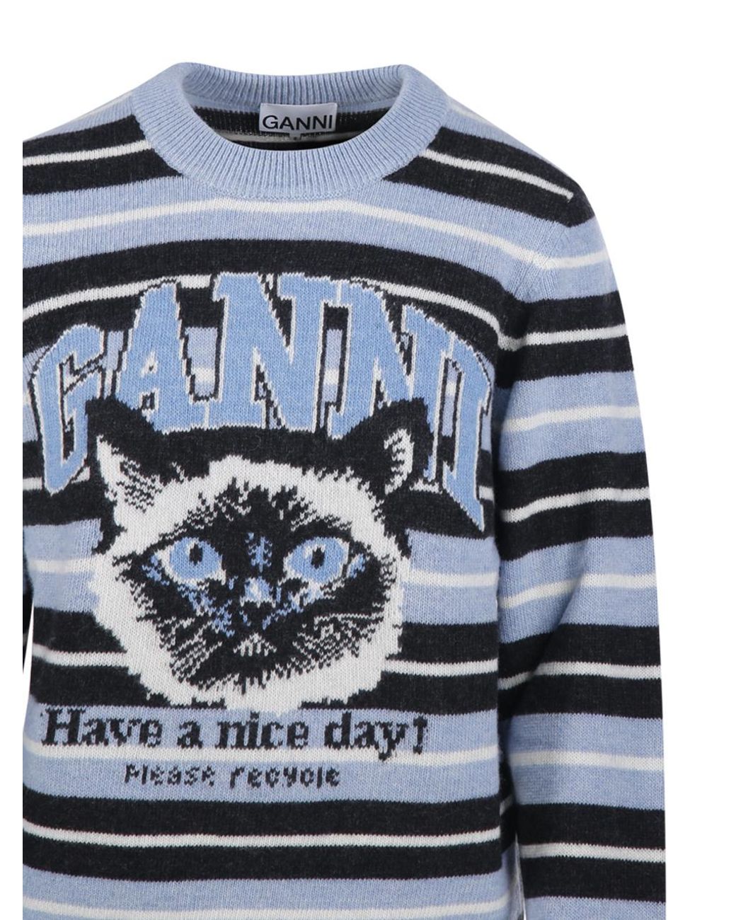 Ganni Blue Printed Striped Crewneck Jumper