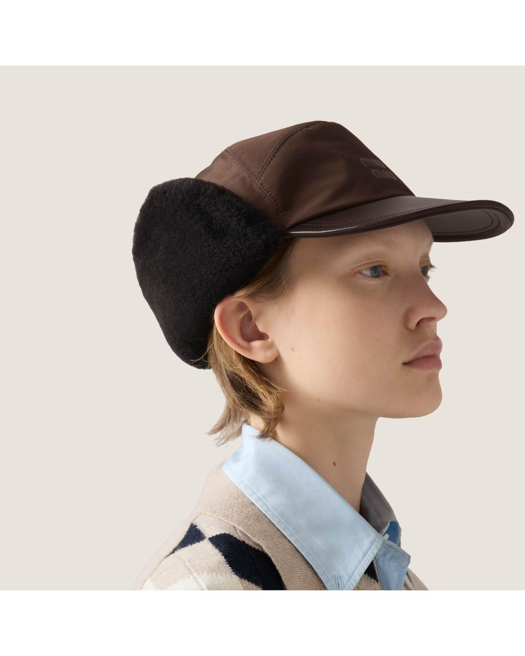 Miu Miu Brown Technical Fabric And Shearling Cap