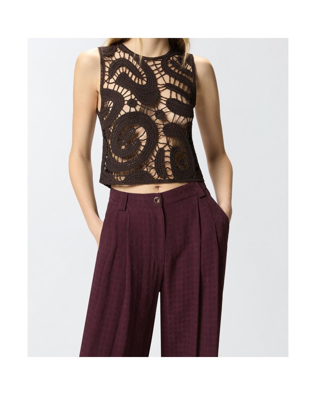 Pinko Black Geometric Crocheted Sleeveless Top