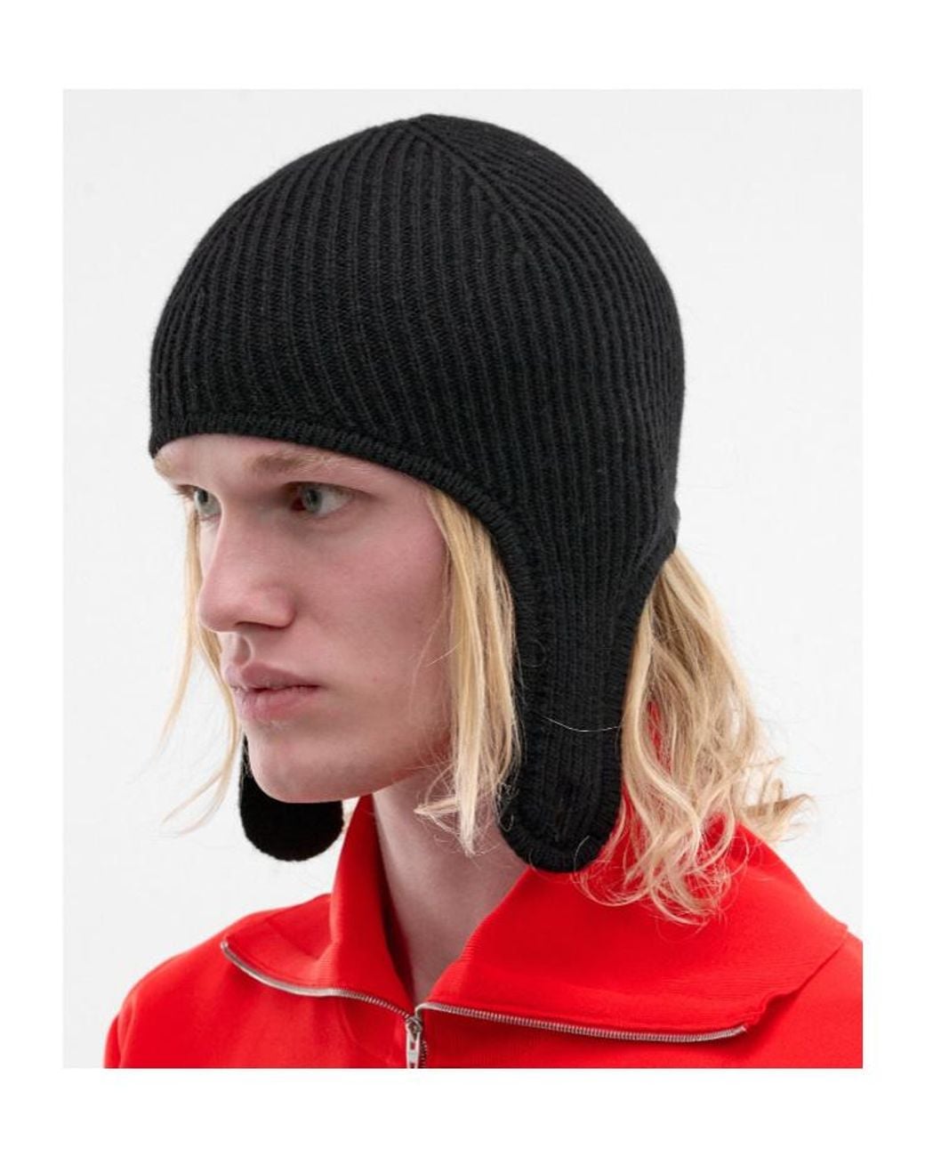 MM6 by Maison Margiela Black Ribbed Earflap Beanie for men