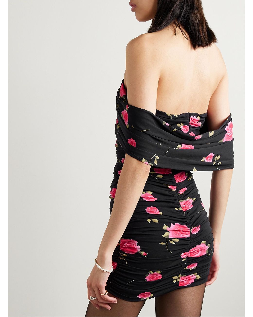 Magda Butrym Black Off-The-Shoulder Ruched Floral-Print Stretch-Jersey Mini Dress