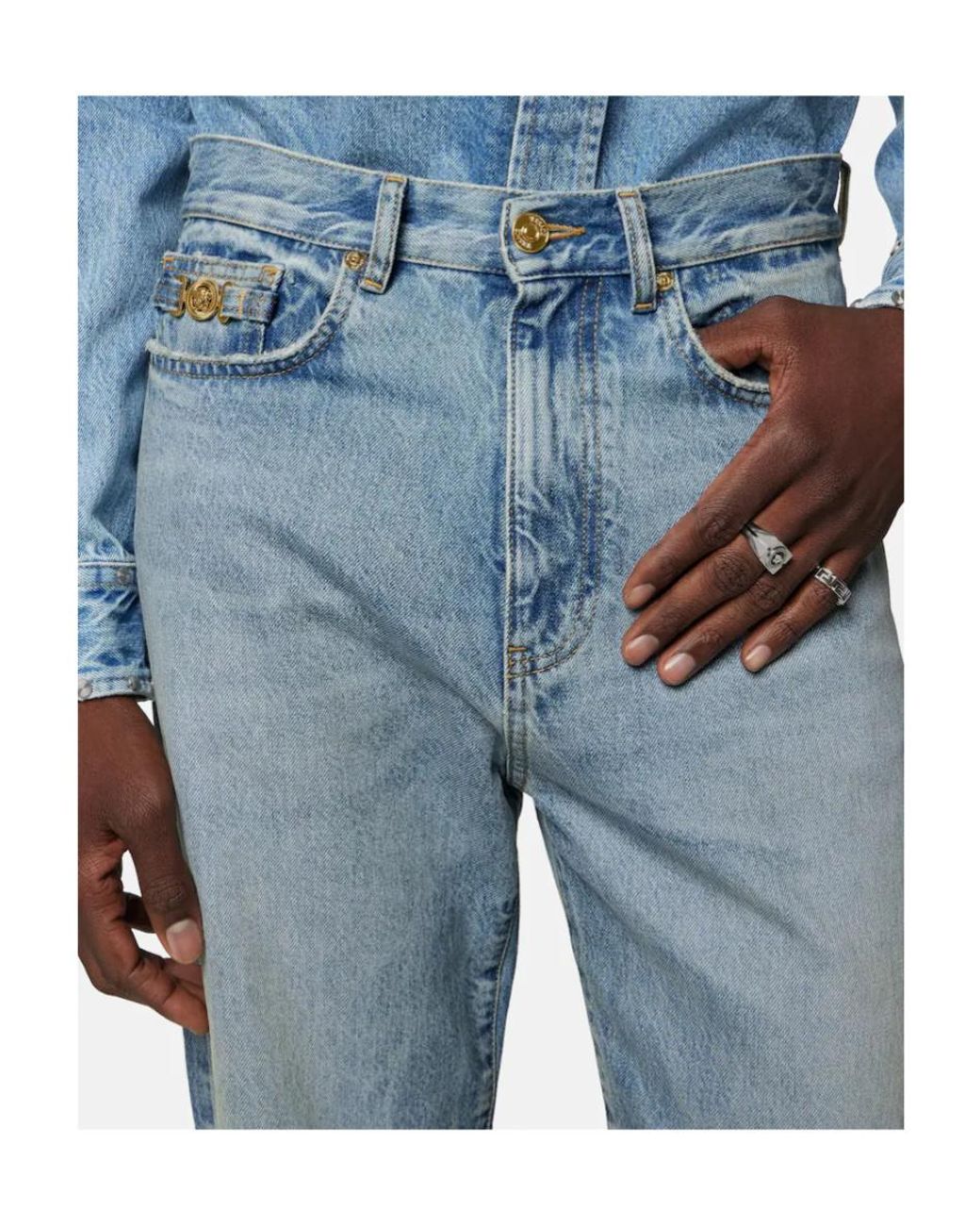 Versace Blue Logo-Patch Pencil Jeans for men